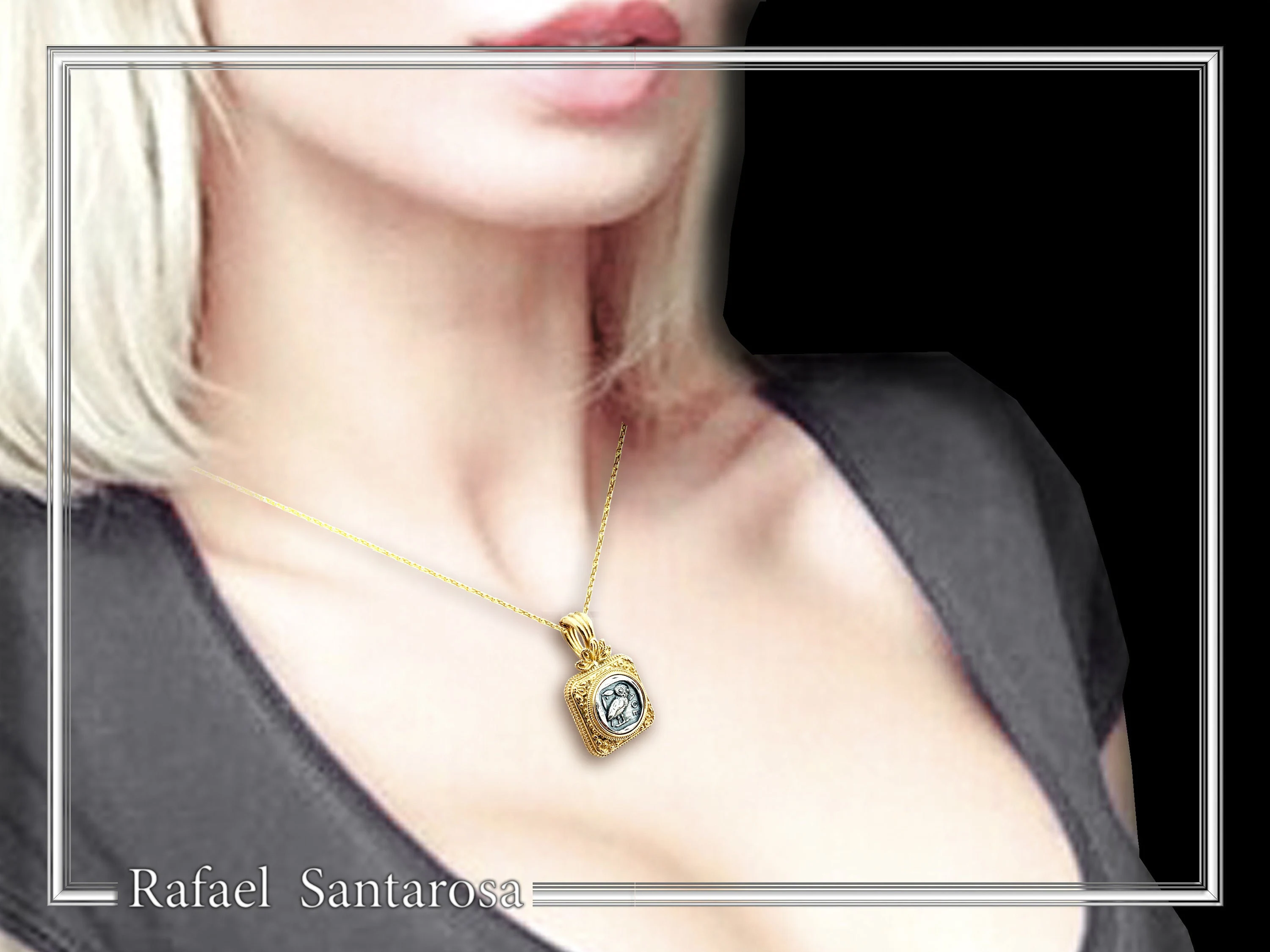 Athena Owl Tetradrachm Coin Ancient Greek Style Necklace: Oxidized Sterling Silver & 18K Gold filled — additional product image 2 from Rafael Santarosa Fine Jewelry