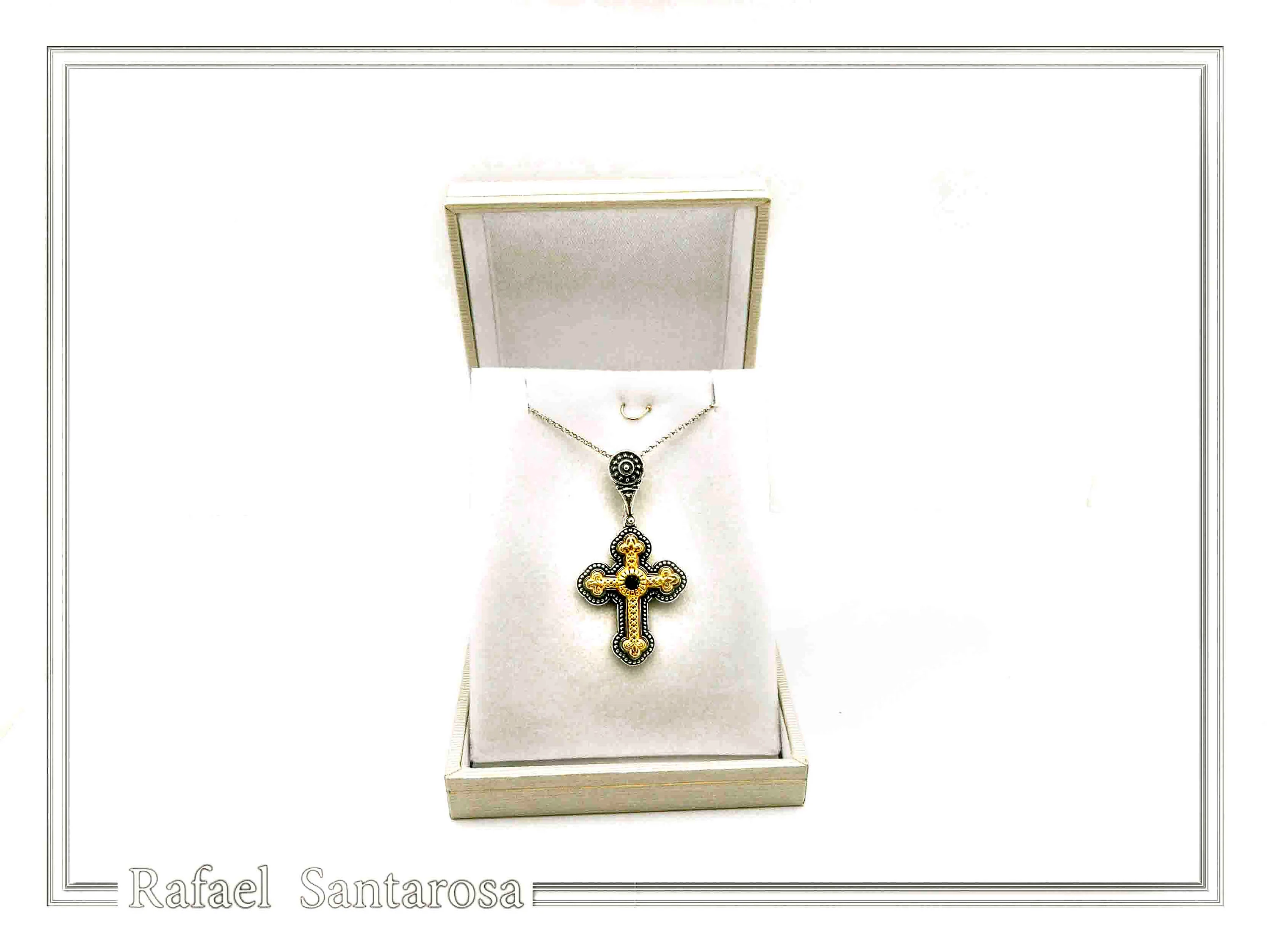 Genuine Sky-Blue Topaz Byzantine Filigree Cross Necklace: Silver oxidised & 18K Gold filled — additional product image 9 from Rafael Santarosa Fine Jewelry