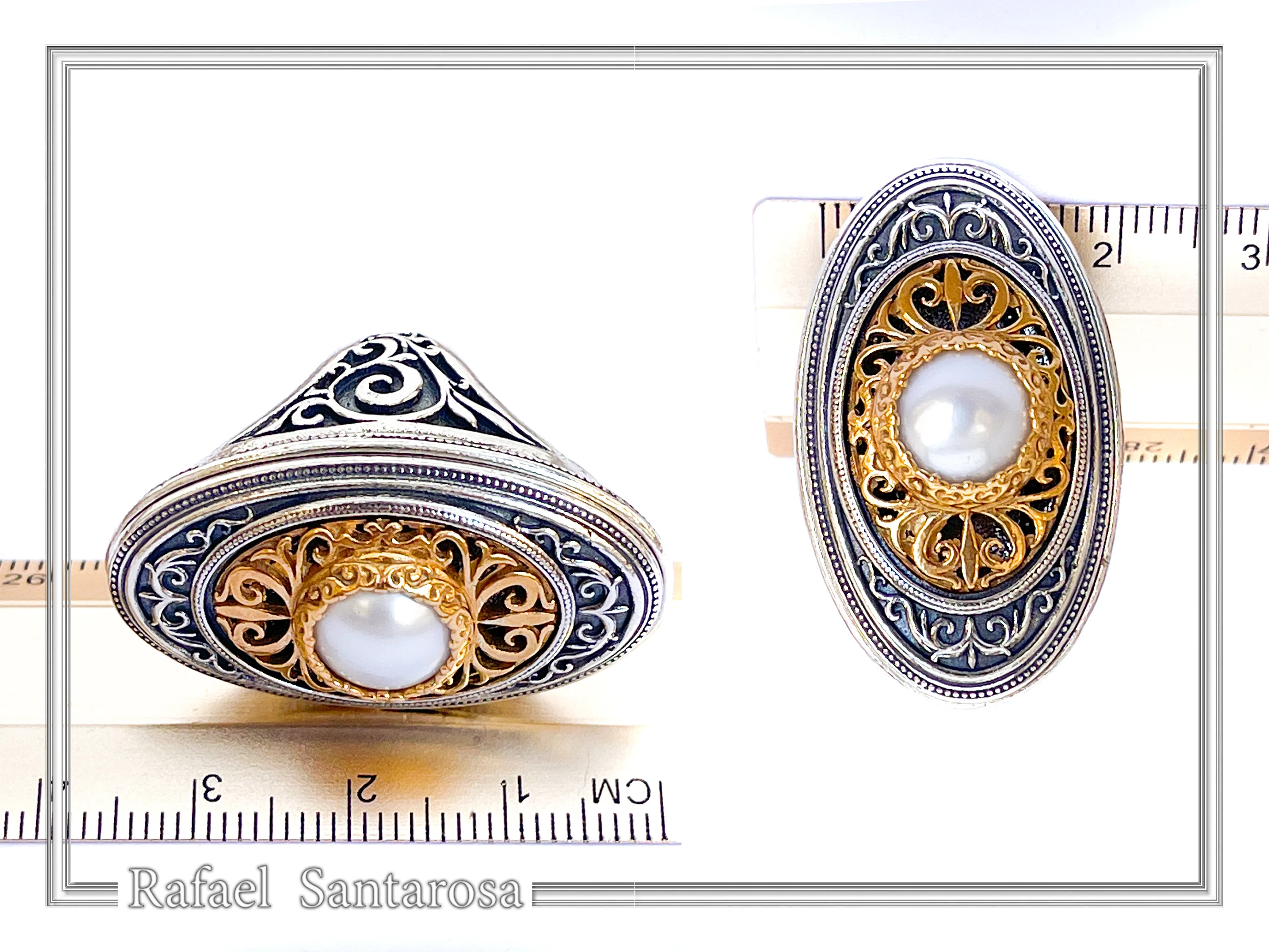 Byzantine Floral Queen Size Natural Pearl Ring: Oxidized Sterling Silver and 18K Gold Filled — additional product image 9 from Rafael Santarosa Fine Jewelry