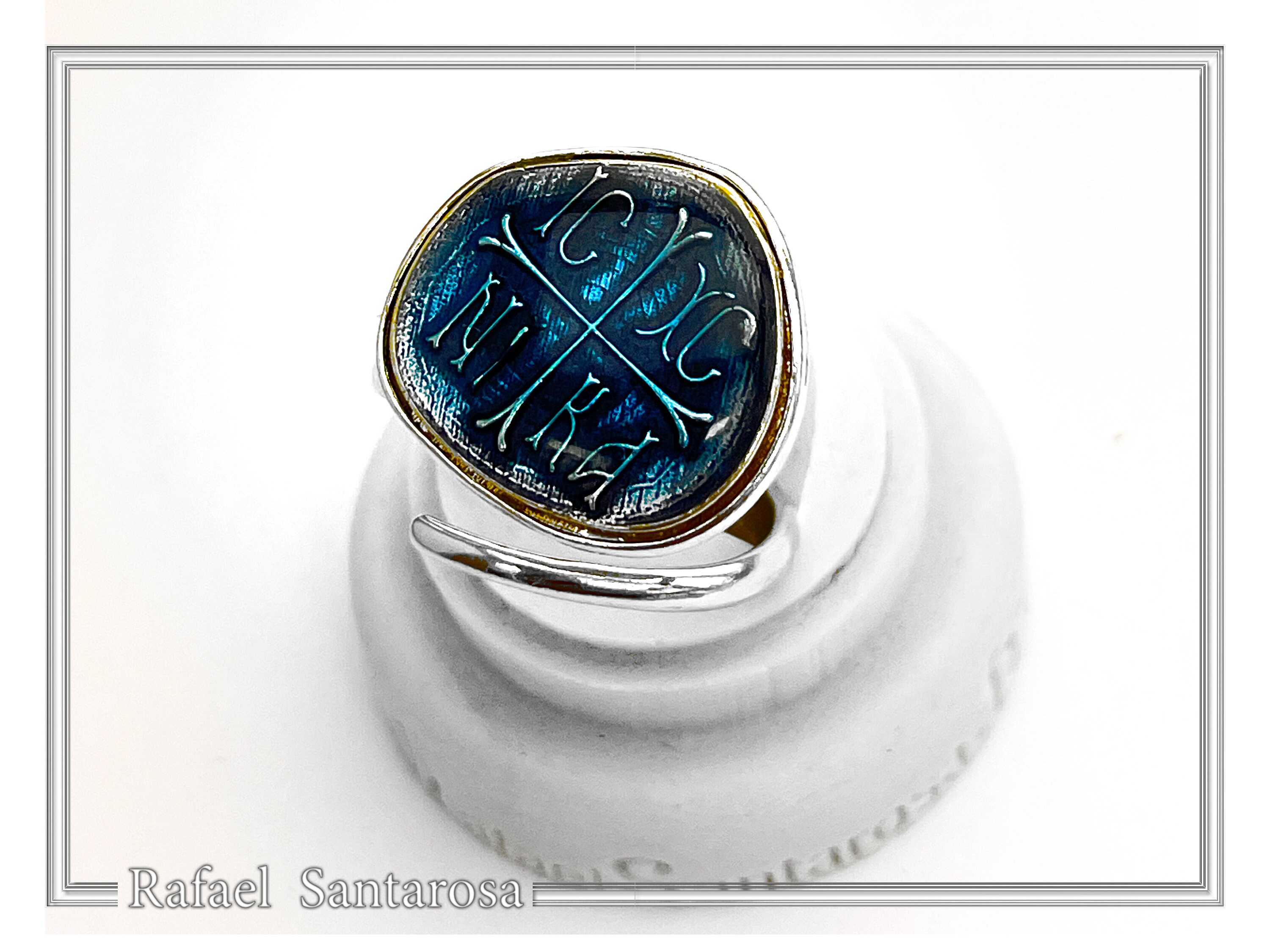 ICXC NIKA "Jesus Christ Conquers" Blue Enamel Christogram Talisman Ring: Solid Sterling Silver — additional product image 4 from Rafael Santarosa Fine Jewelry