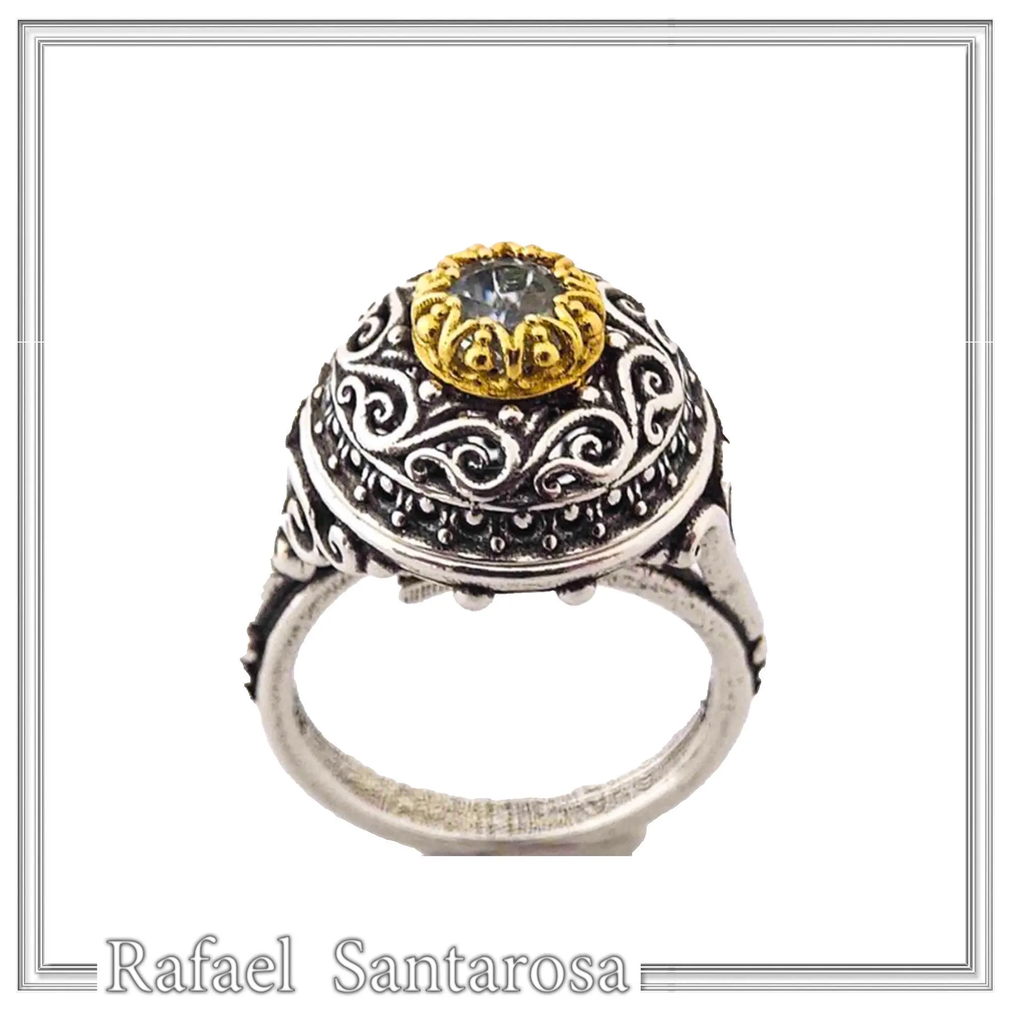 Sterling Silver Ring, 18K Gold Filled Filigree Bezel and 5mm Natural Sky-Blue Topaz — additional product image 5 from Rafael Santarosa Fine Jewelry