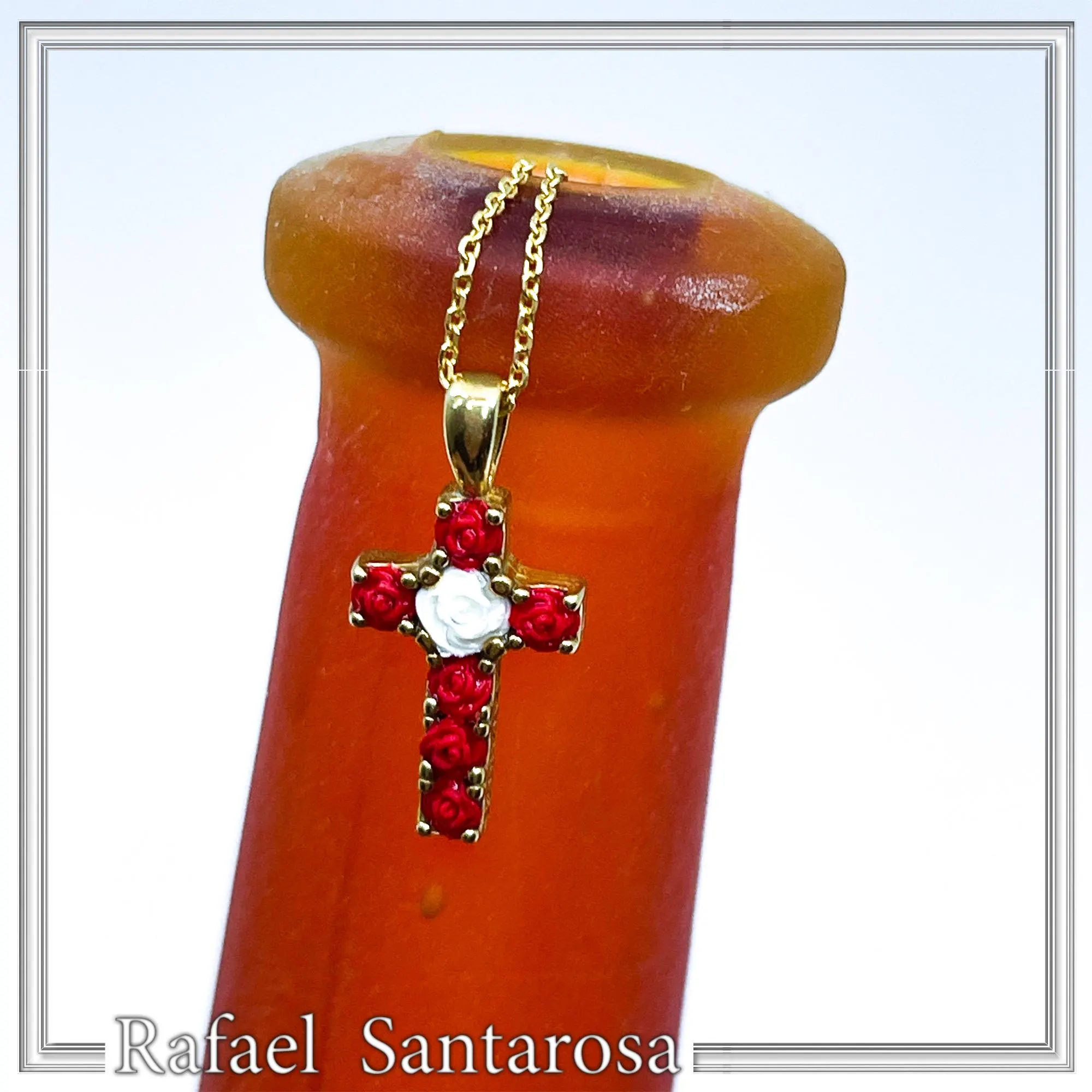 Tiny Cross Necklace: Hand Sculpted Alabaster Rose Flowers 18K Gold Filled Sterling Silver Cross — additional product image 8 from Rafael Santarosa Fine Jewelry