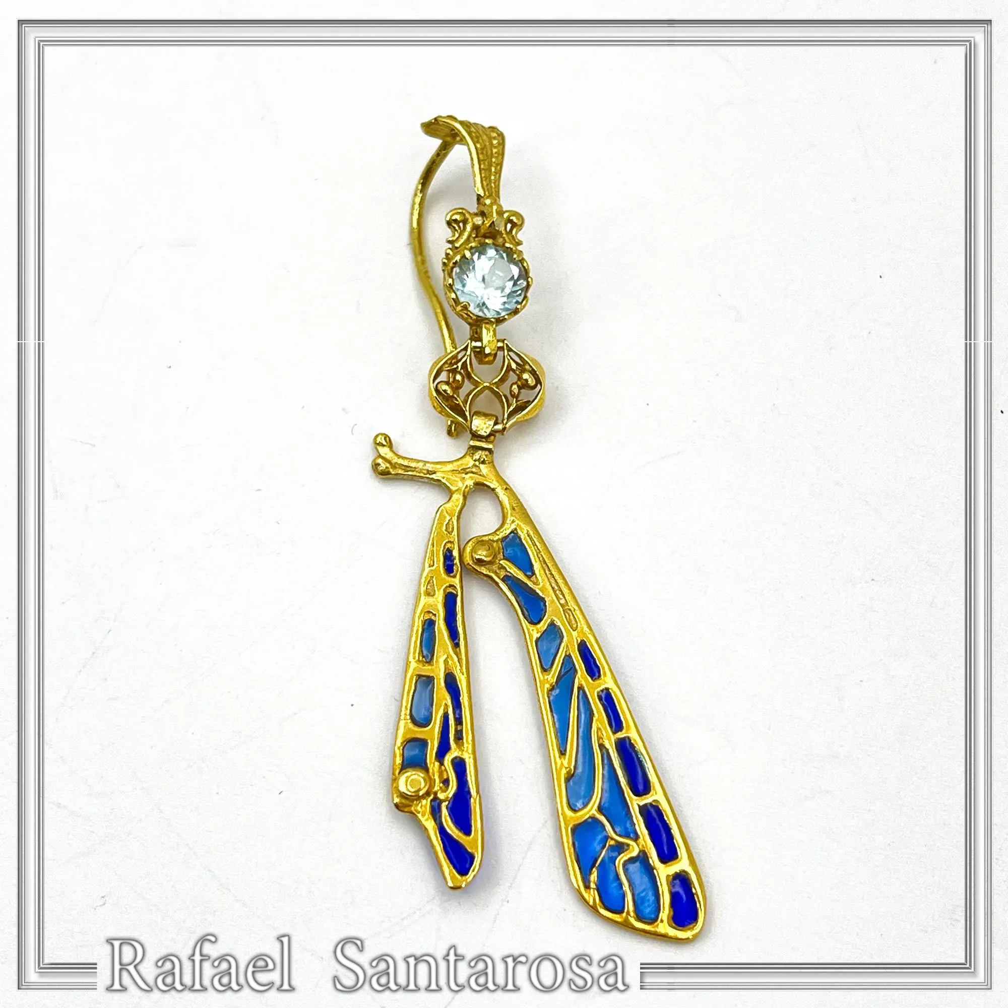 Art Nouveau Dragonfly feather Sterling Silver Earrings Gold Filled Blue Enamel Sky Blue Topaz Handmade Jewelry — additional product image 10 from Rafael Santarosa Fine Jewelry