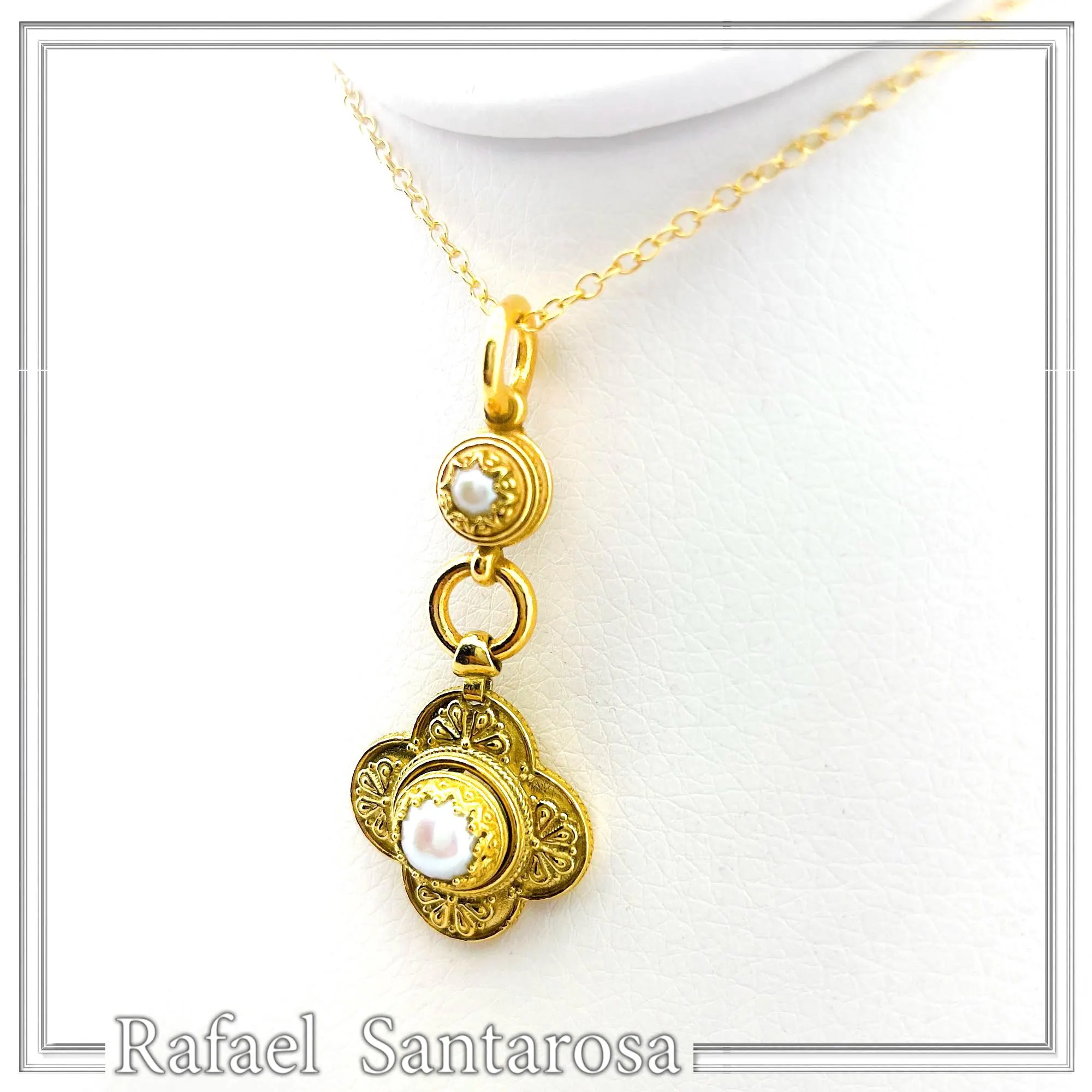 Natural Pearl Byzantine Cross Shape Dangle Pendant: 18K Gold-Filled Silver Filigree Greek Necklace — additional product image 4 from Rafael Santarosa Fine Jewelry