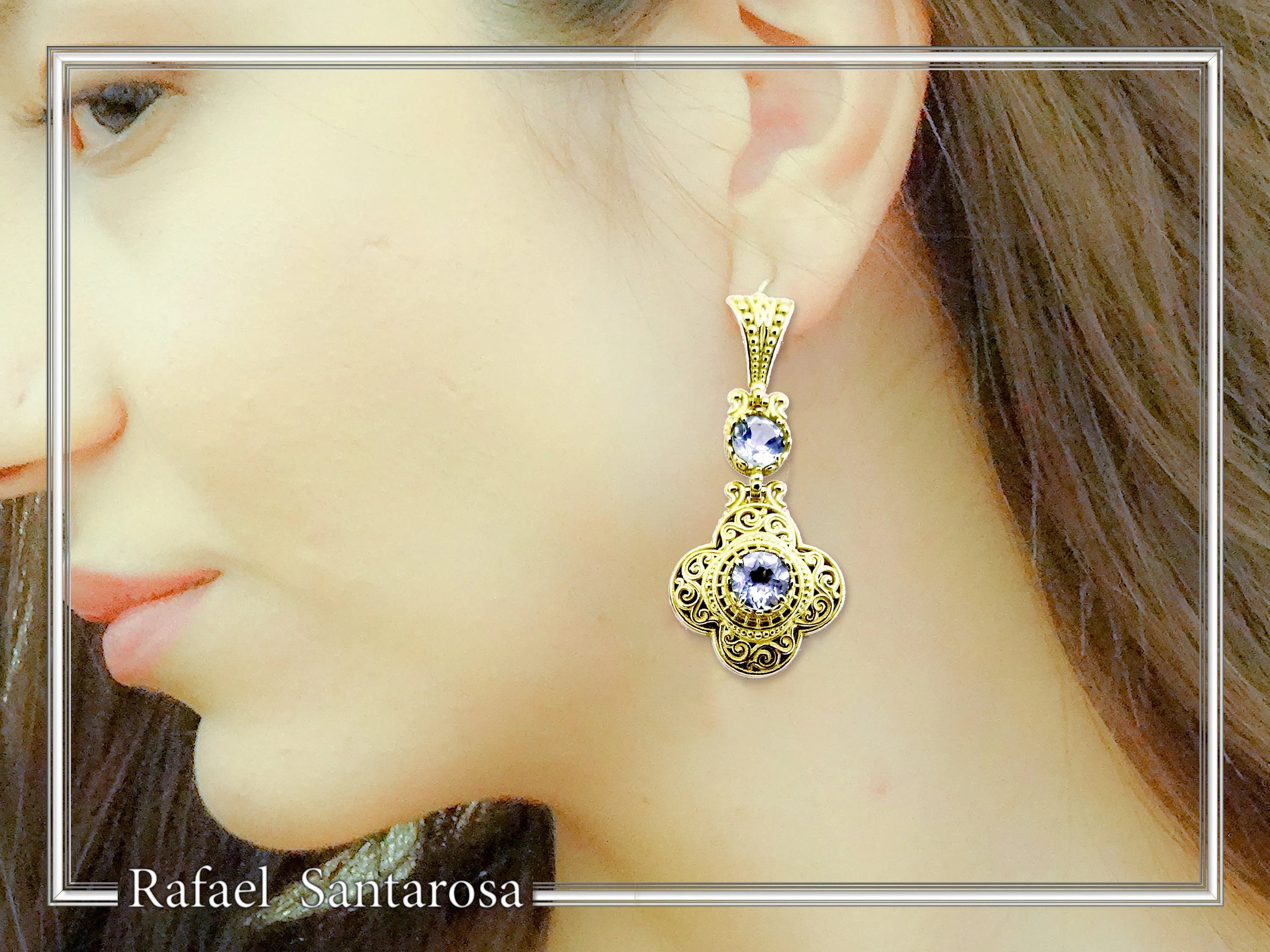 18K Solid Gold Filigree Byzantine Dangle Earrings with Natural Sky-Blue Topaz Brilliant Cut — additional product image 4 from Rafael Santarosa Fine Jewelry