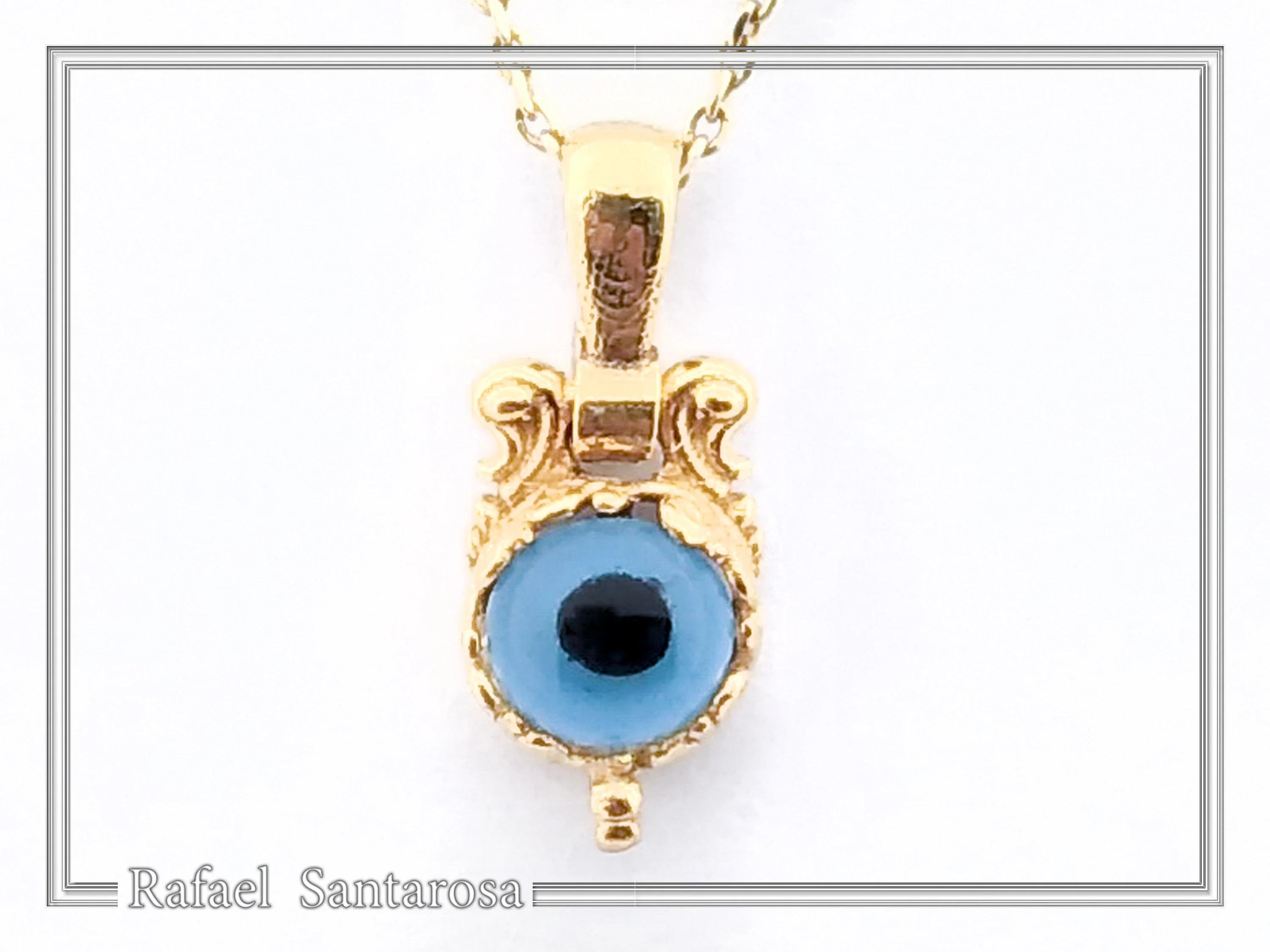 Evil Eye Necklace, Byzantine Filigree Talisman Against Evil: Sterling Silver 18K Gold Filled Charm — additional product image 6 from Rafael Santarosa Fine Jewelry