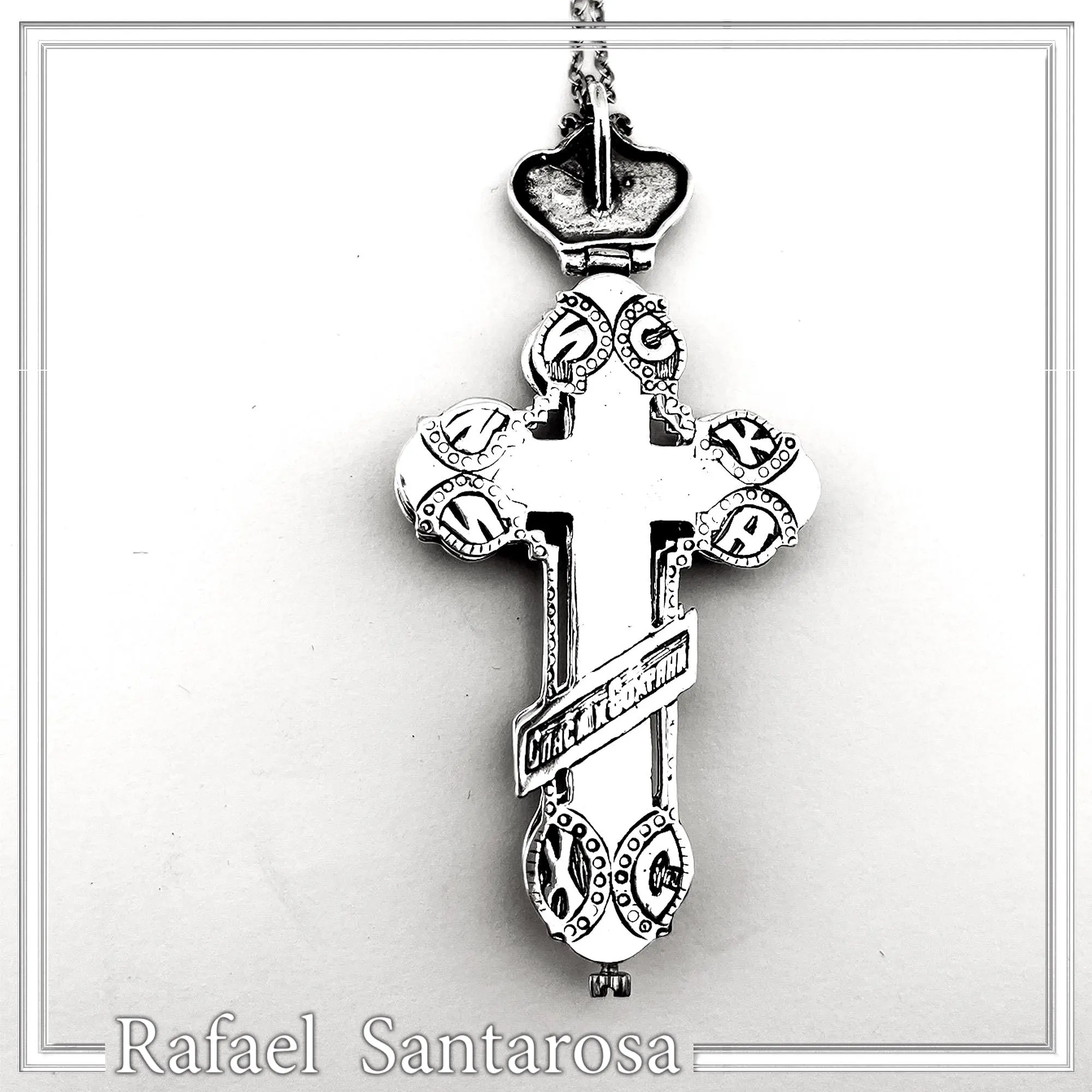 Reliquary Russian Type Cross Byzantine Cyrillic Prayer Pendant: Oxidised Sterling Silver Locket — additional product image 9 from Rafael Santarosa Fine Jewelry