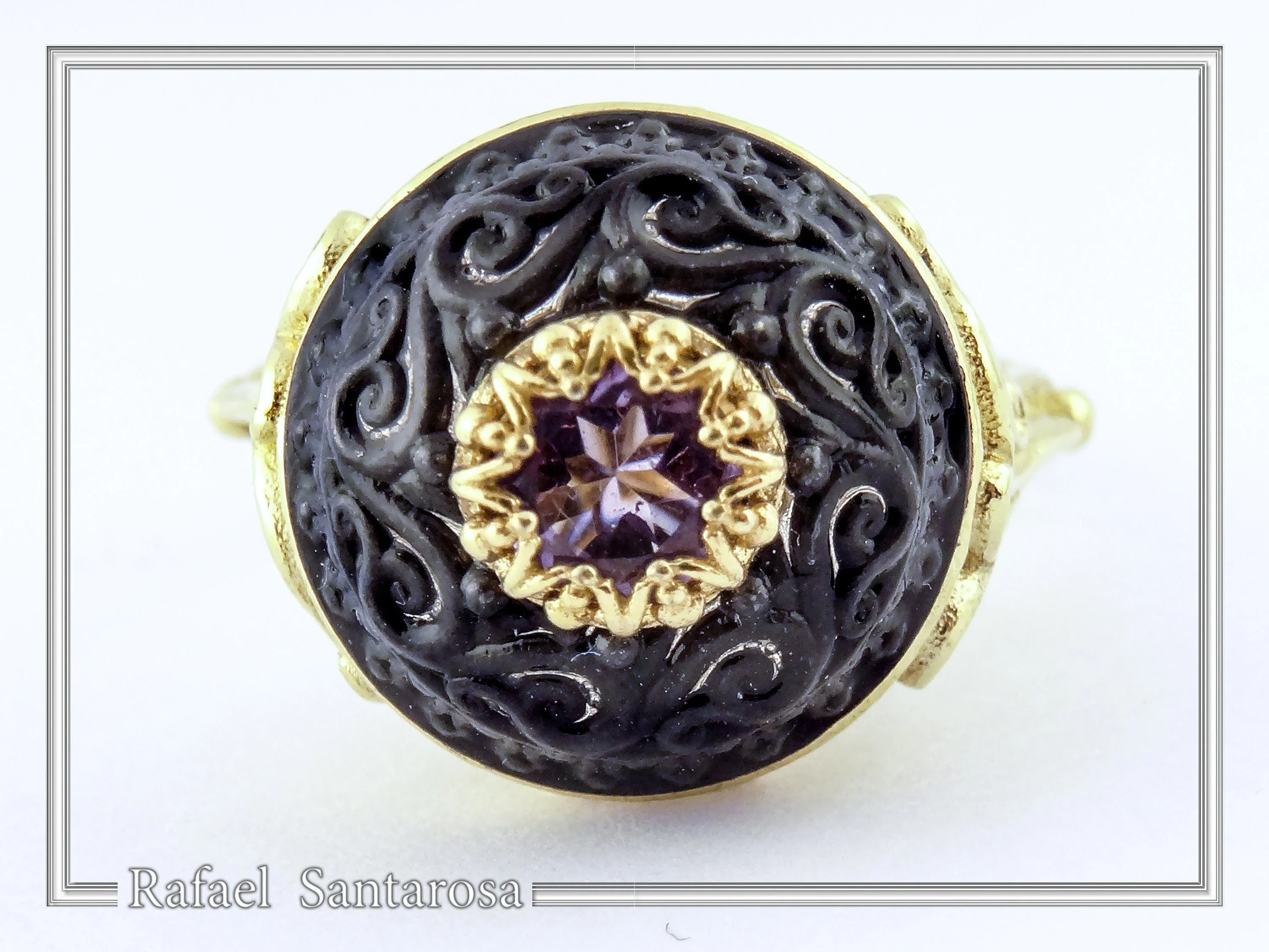 Natural Amethyst Black and Gold Byzantine Ring: 18K Gold Filled & Oxidized Sterling Silver — additional product image 10 from Rafael Santarosa Fine Jewelry