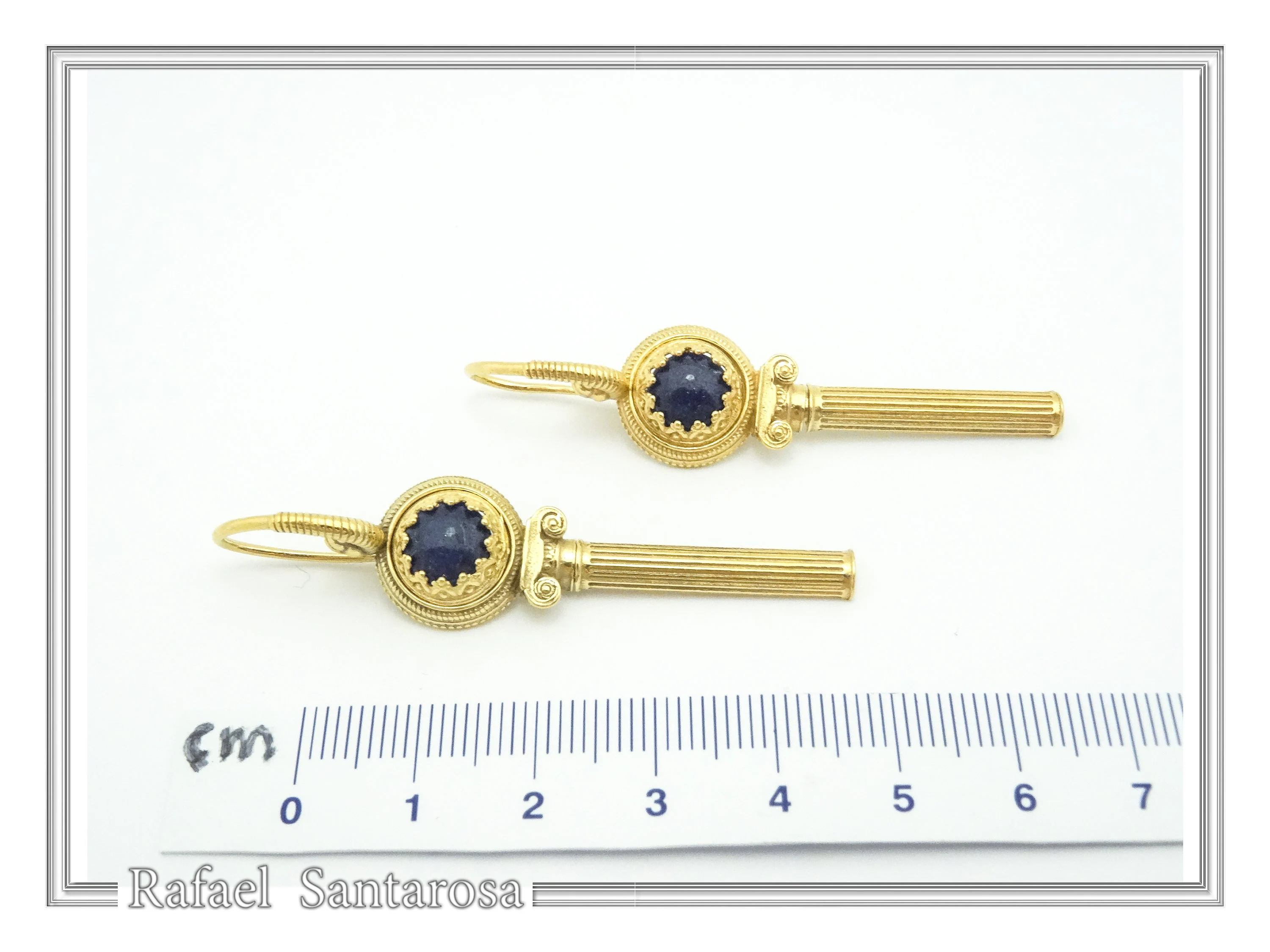 Natural Lapis Lazuli Greek Column Museum Earrings: Sterling Silver 18K Gold Filled Filigree Bezel — additional product image 7 from Rafael Santarosa Fine Jewelry