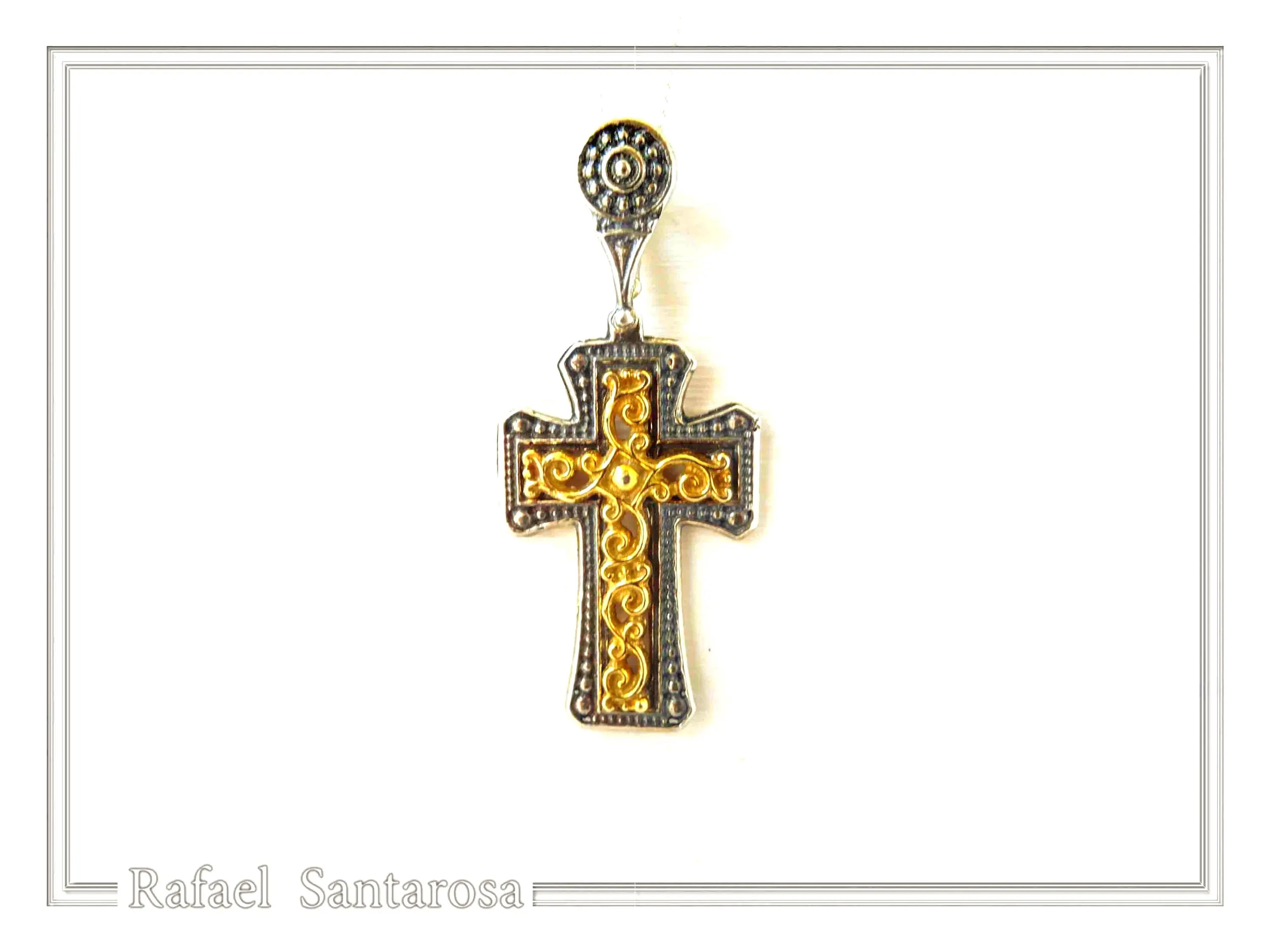Byzantine Cross Necklace: 18k Gold Filled Filigree Silver Decoration on Oxidized Sterling Silver base — additional product image 2 from Rafael Santarosa Fine Jewelry