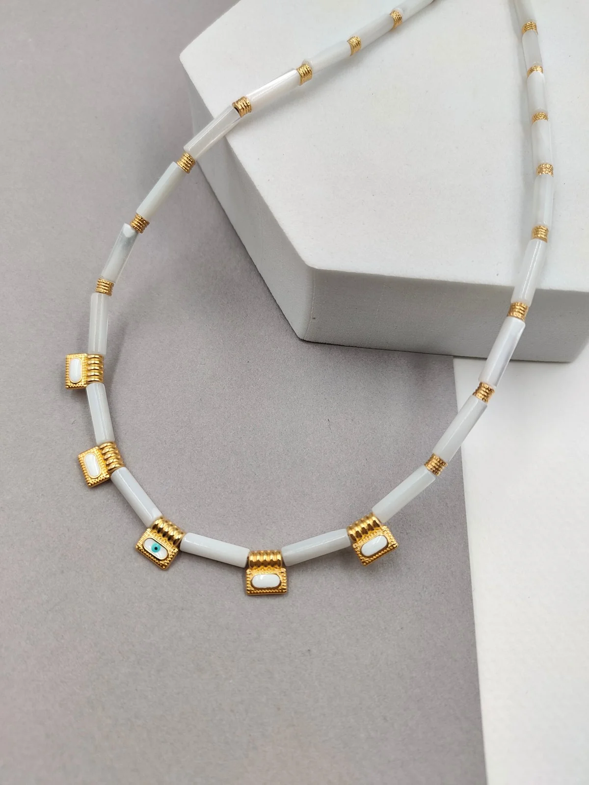 Necklace with Mother-of-Pearl and Gold-Plated Enamel Details by Magis Handmade Jewels – view 3