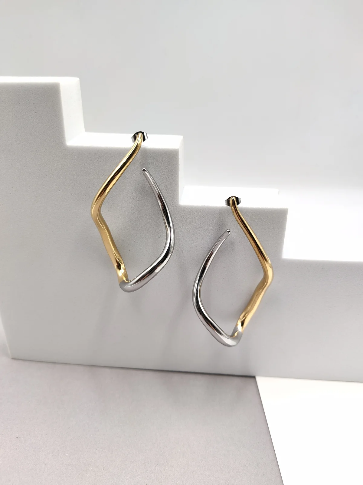 Stainless Steel Two-Tone Earrings with Irregular Shape by Magis Handmade Jewels – view 2