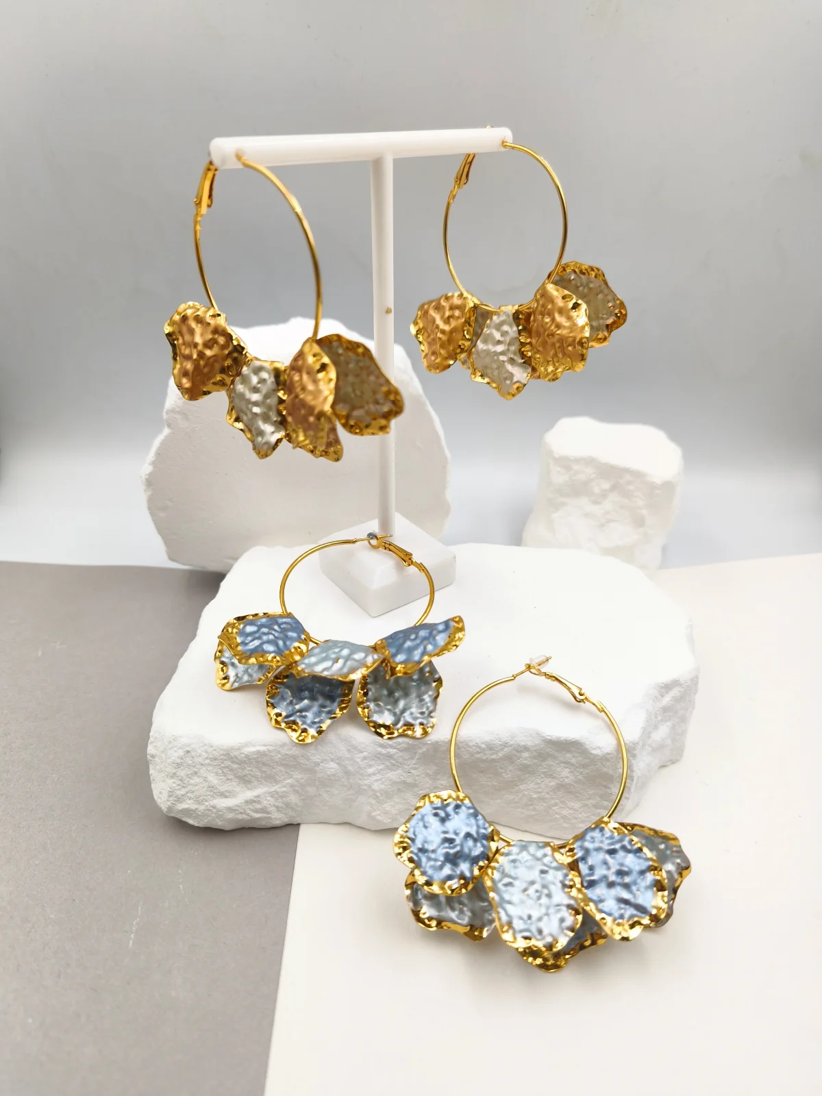 Stainless Steel Hoop Earrings with Embossed Leaf Design and Enamel #823225