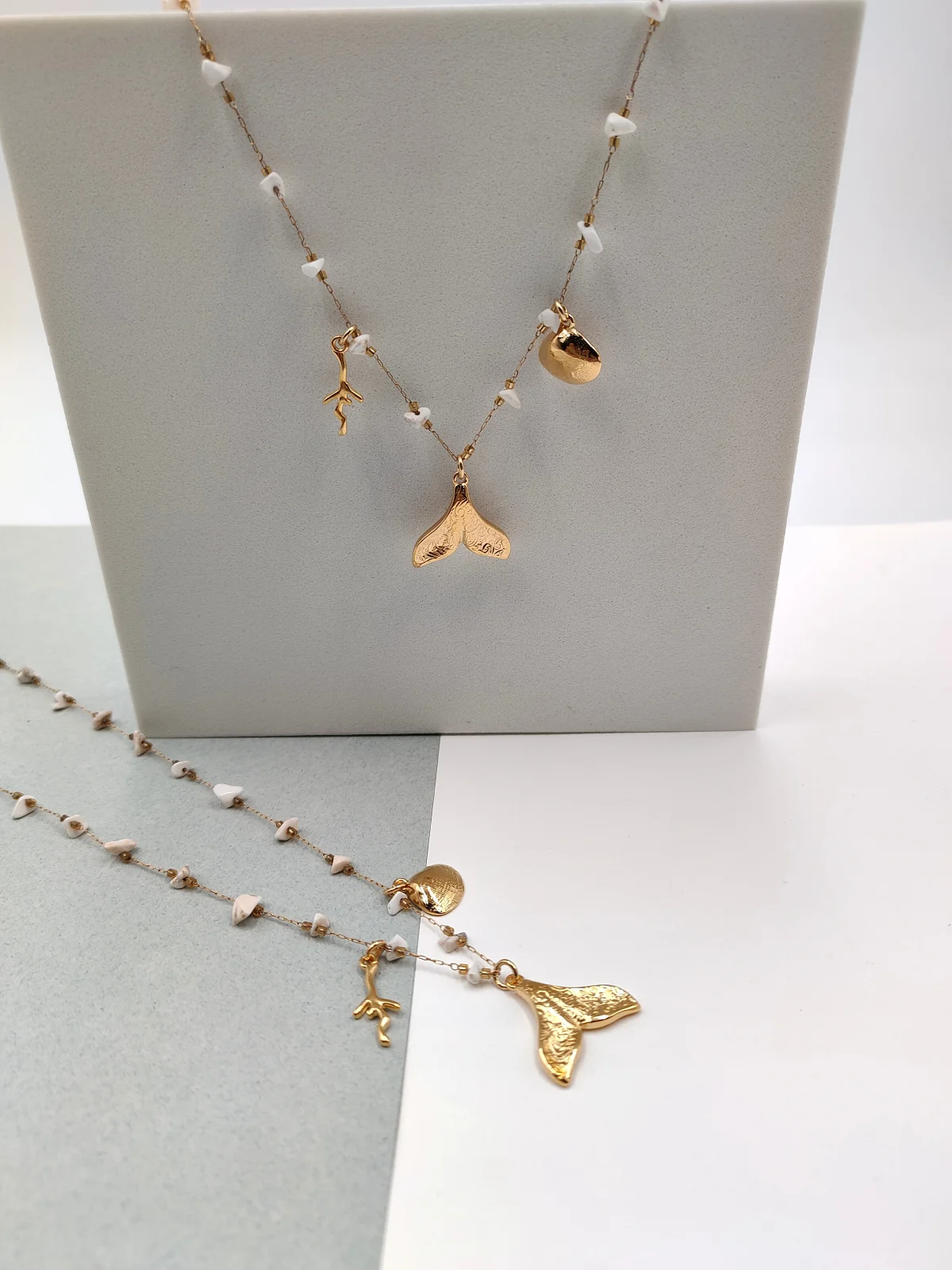 Stainless Steel Necklace with Gold-Plated Details and Howlite by Magis Handmade Jewels – view 2