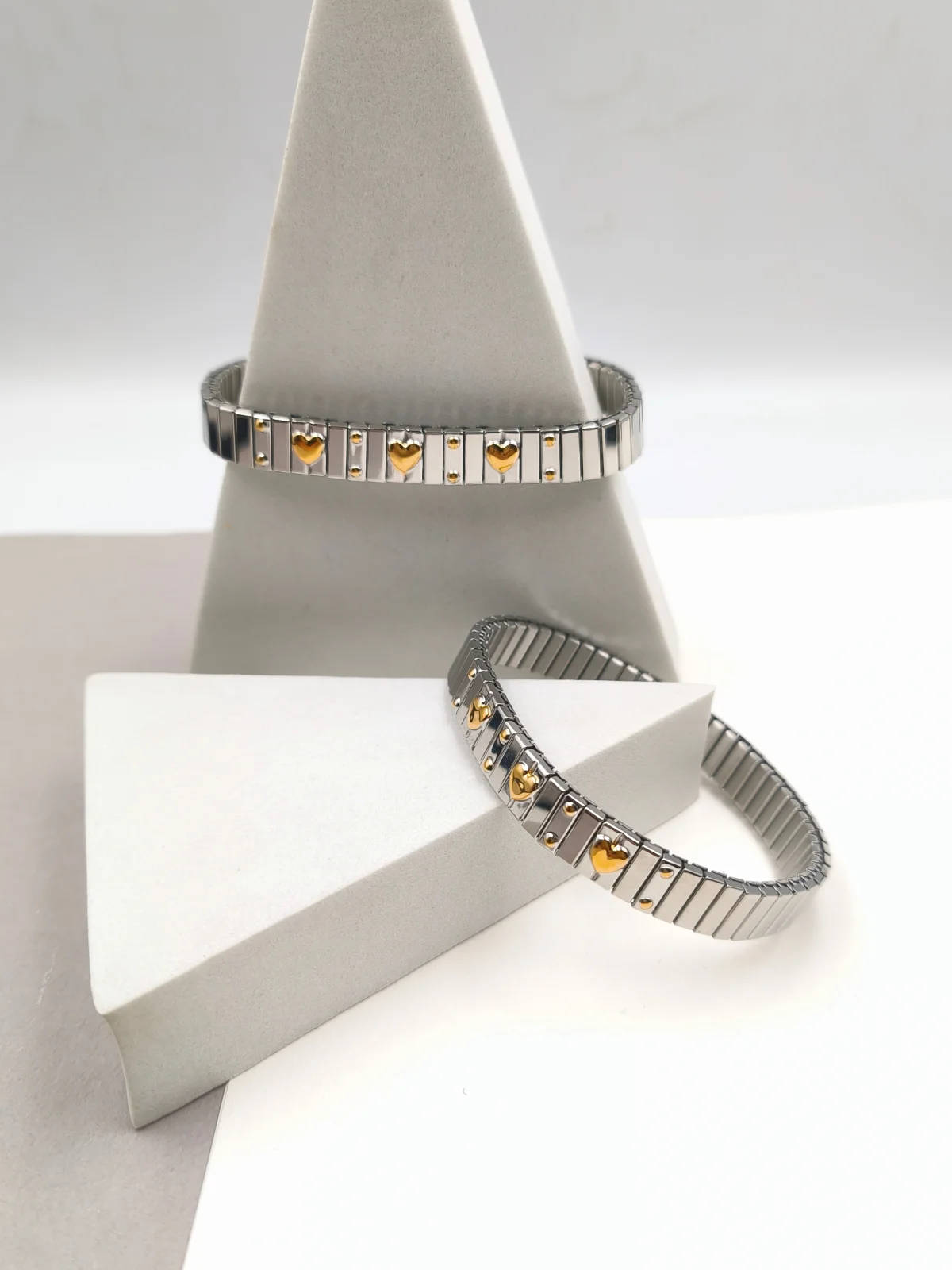 Stainless Steel Stretch Two-Tone Bracelet with Hearts #723222