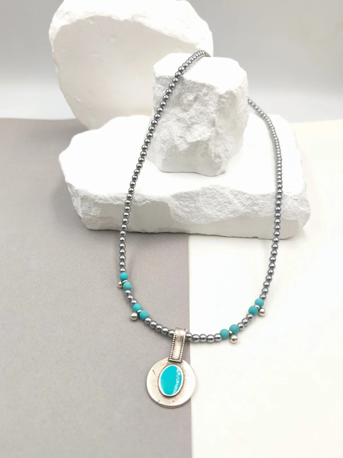 Necklace with Hematite Beads and Silver-Plated Details by Magis Handmade Jewels – view 2