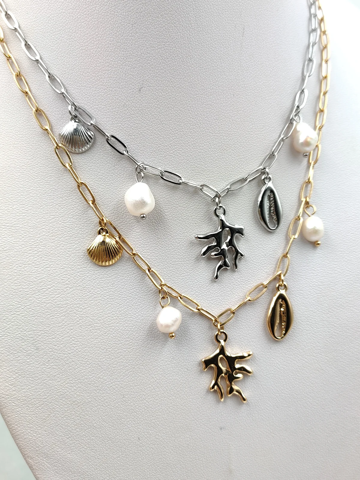 Stainless Steel Necklace with Cultured Pearls and Summer Motif by Magis Handmade Jewels – view 2