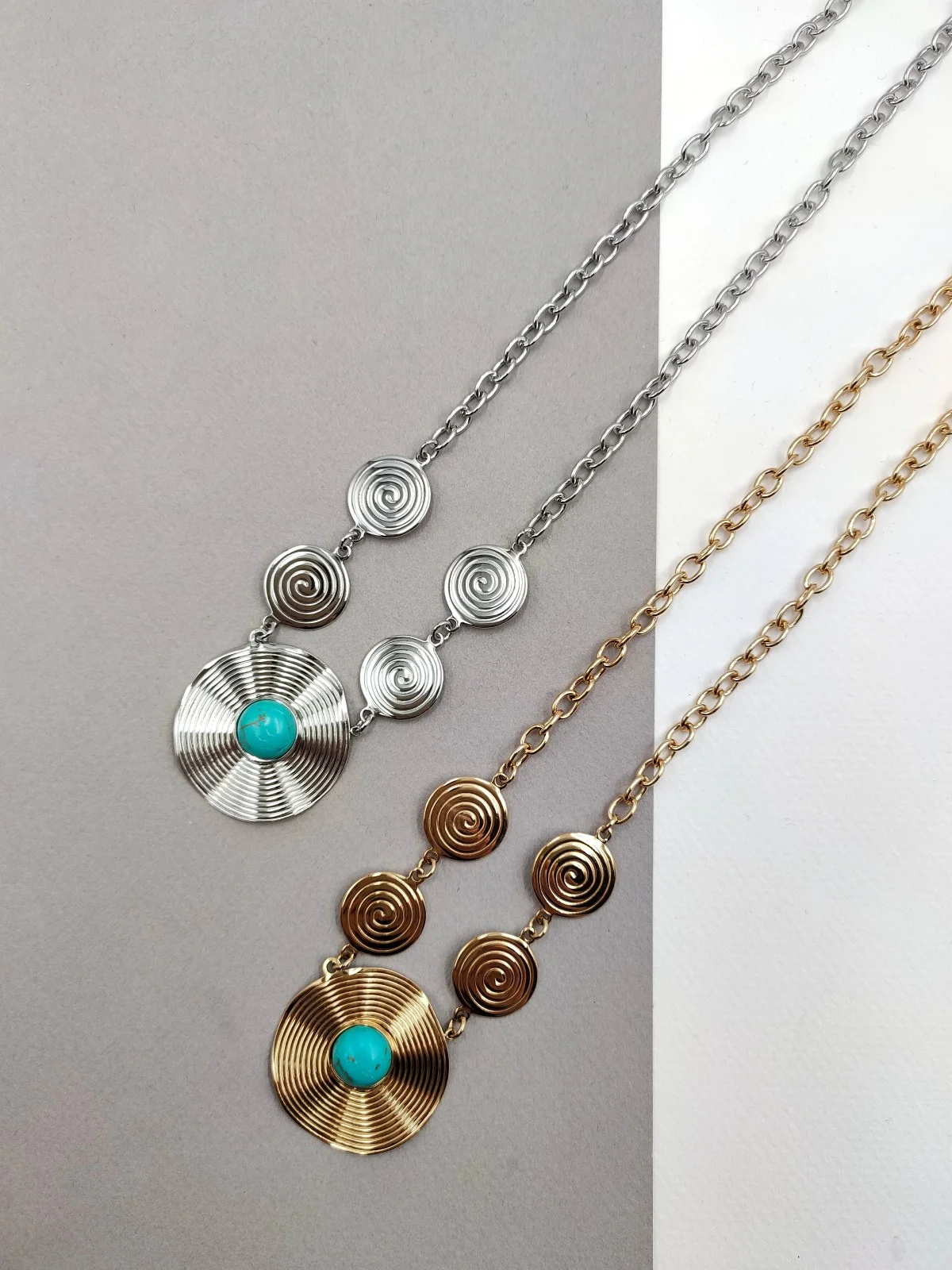 Stainless Steel Necklace with Embossed Circles and Howlite by Magis Handmade Jewels – view 4