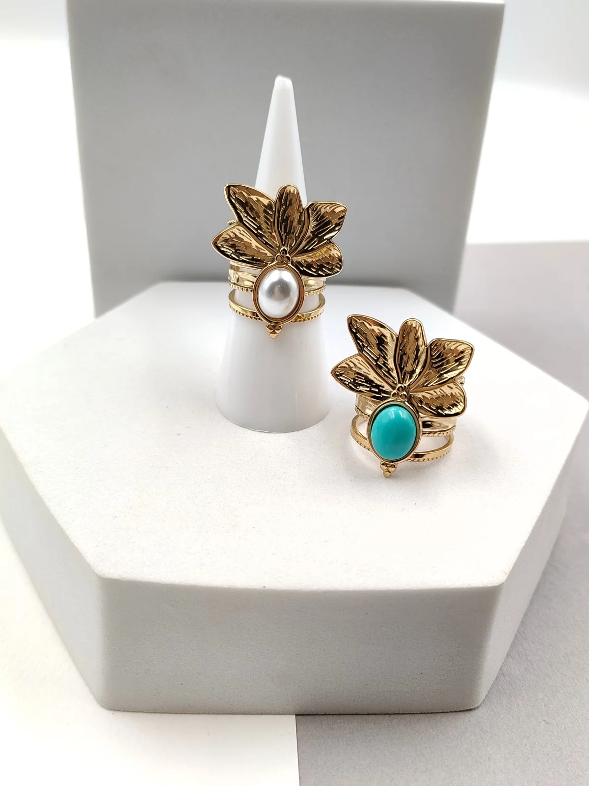 Stainless Steel Multi-Strand Ring with Leaves and Stone by Magis Handmade Jewels – view 2
