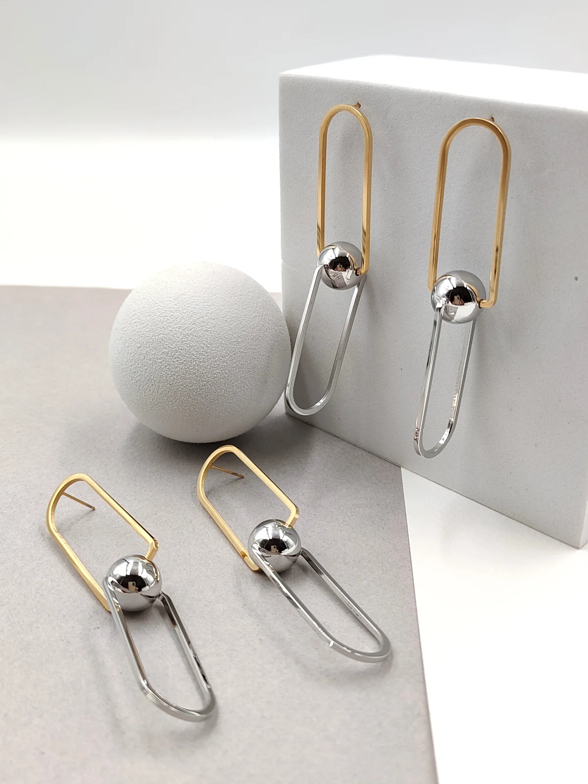 Stainless Steel Two-Tone Earrings with Bead by Magis Handmade Jewels – view 2