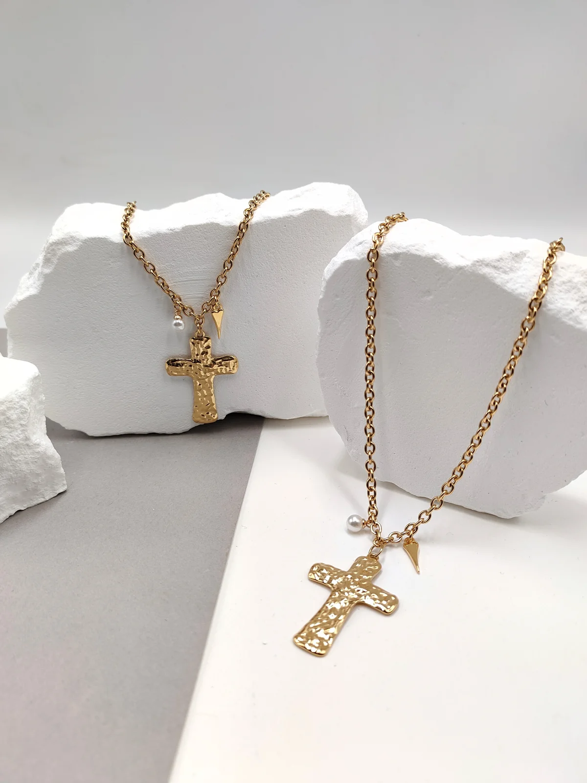 Stainless Steel Necklace with Hammered Cross and Pearl by Magis Handmade Jewels – view 2