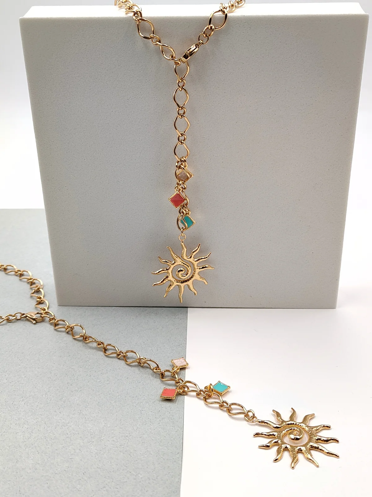 Stainless Steel Necklace with Gold-Plated Sun and Enamel by Magis Handmade Jewels – view 2