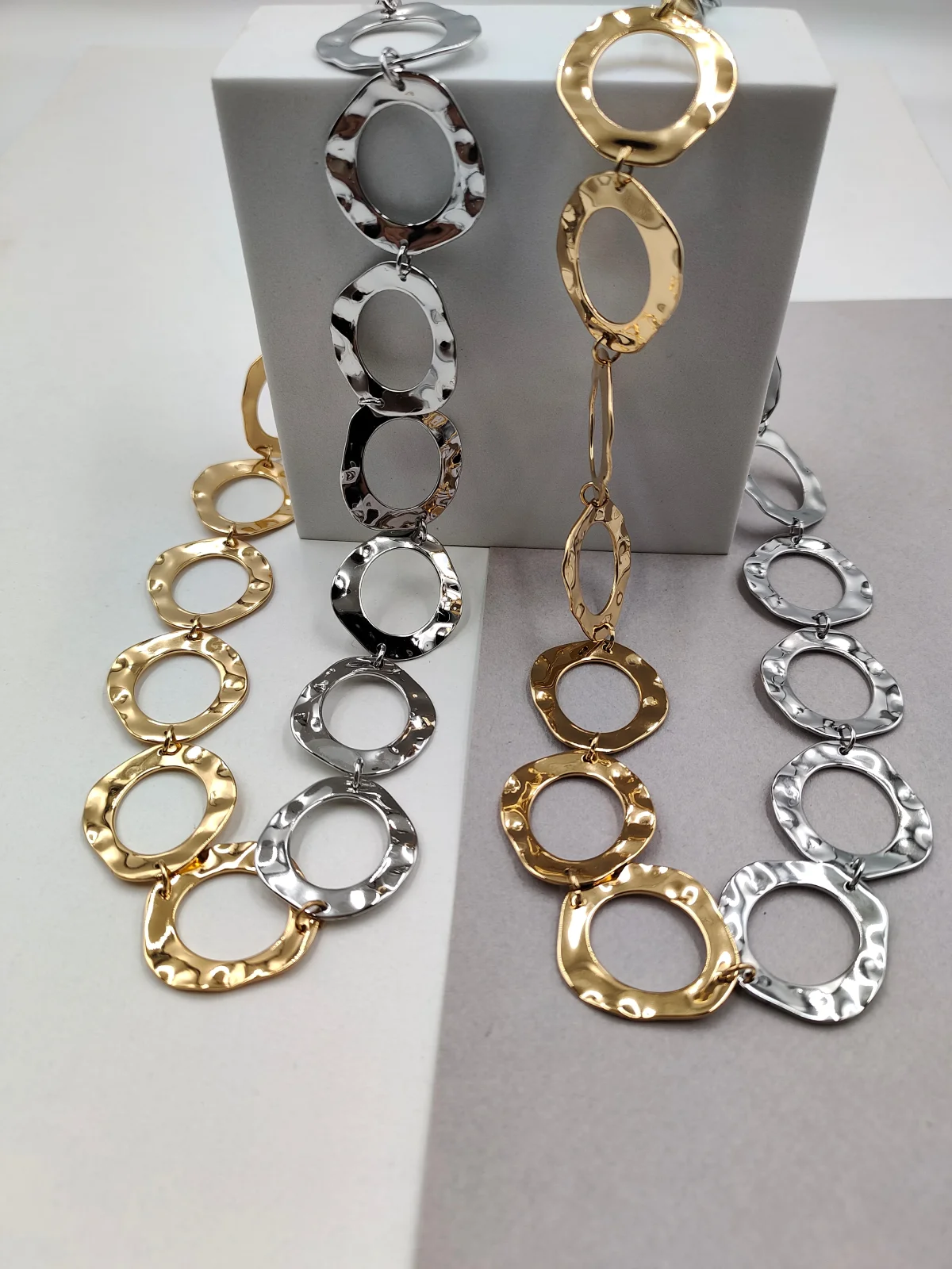 Stainless Steel Necklace with Hammered Two-Tone Circles by Magis Handmade Jewels – view 3