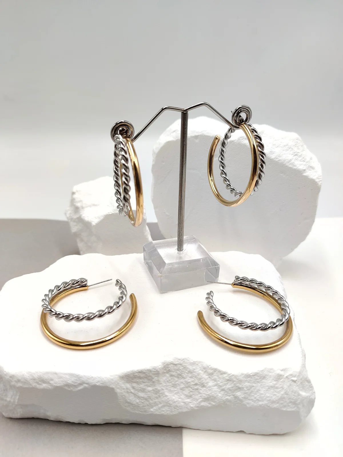 Stainless Steel Two-Tone Hoop Earrings #723104