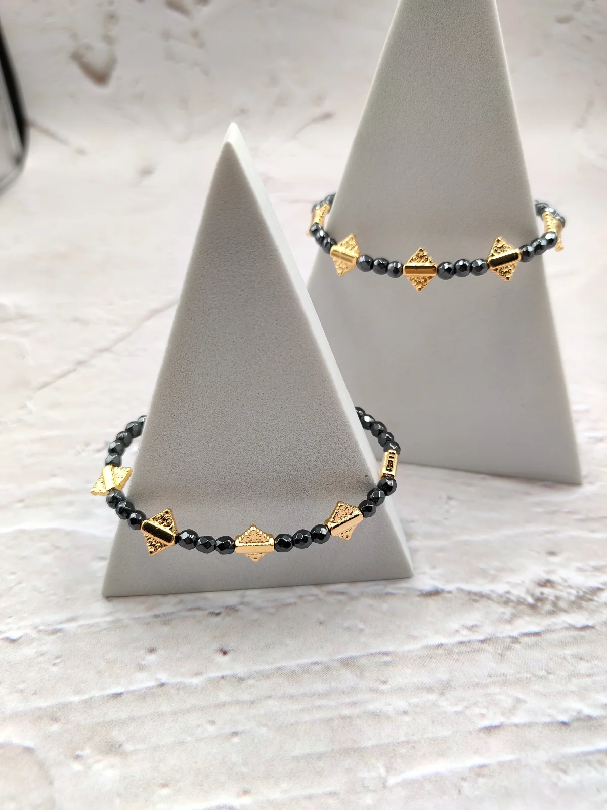 Bracelet with Hematite Beads and Gold-Plated Details by Magis Handmade Jewels – view 3