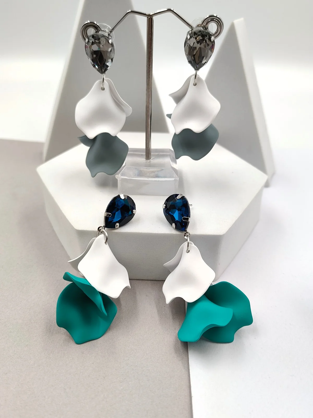 Earrings with Acrylic Leaves and Rhinestones by Magis Handmade Jewels – view 3
