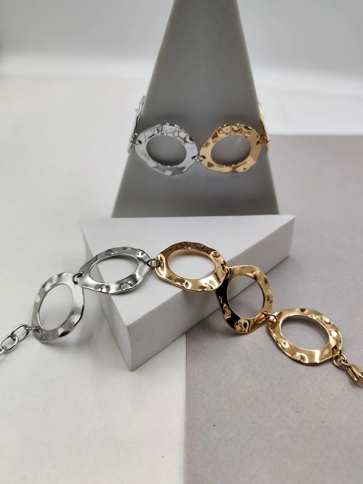 Stainless Steel Bracelet with Hammered Two-Tone Circles by Magis Handmade Jewels – view 3