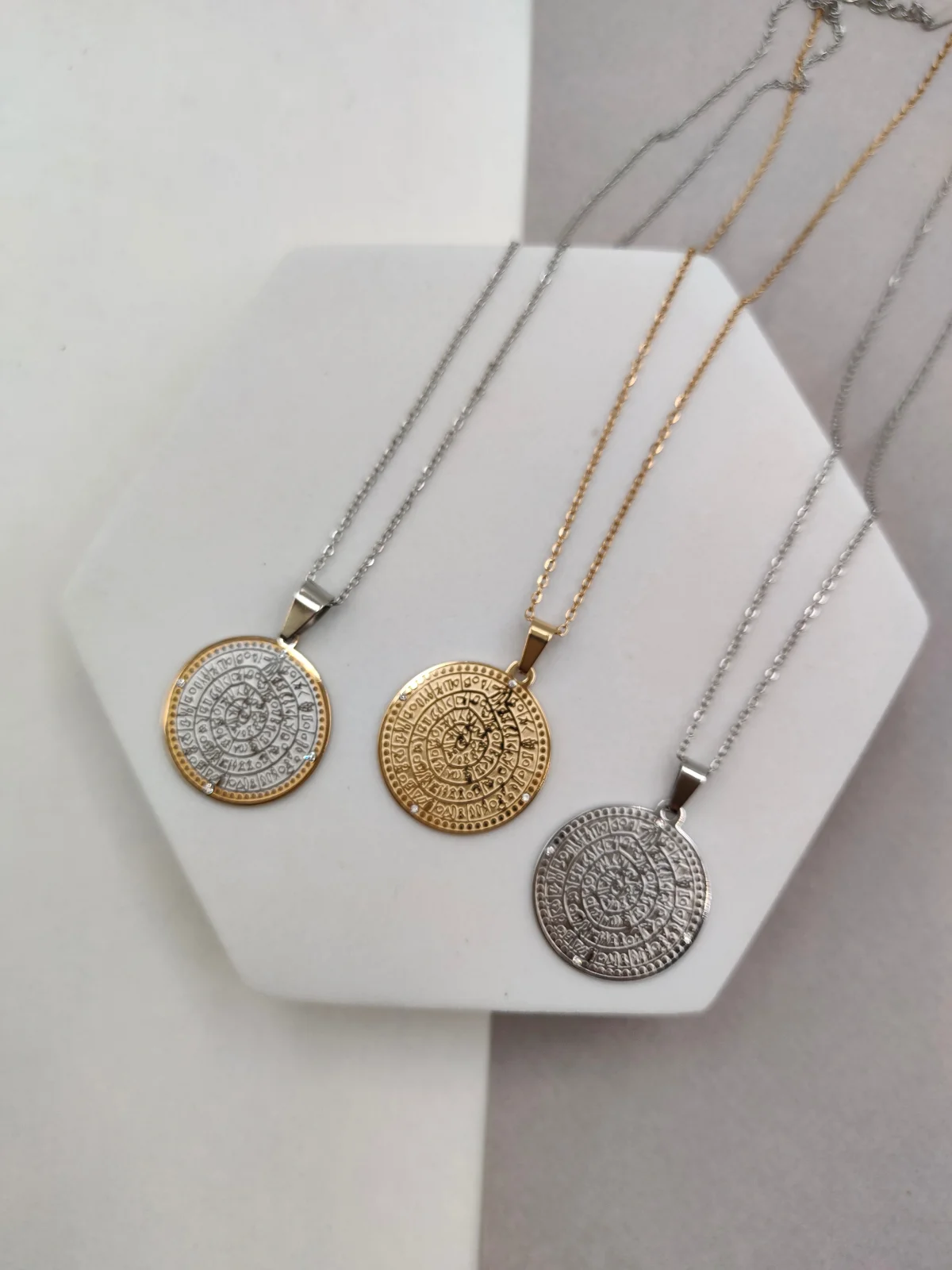 Stainless Steel Necklace with Embossed Phaistos Disc by Magis Handmade Jewels – view 2