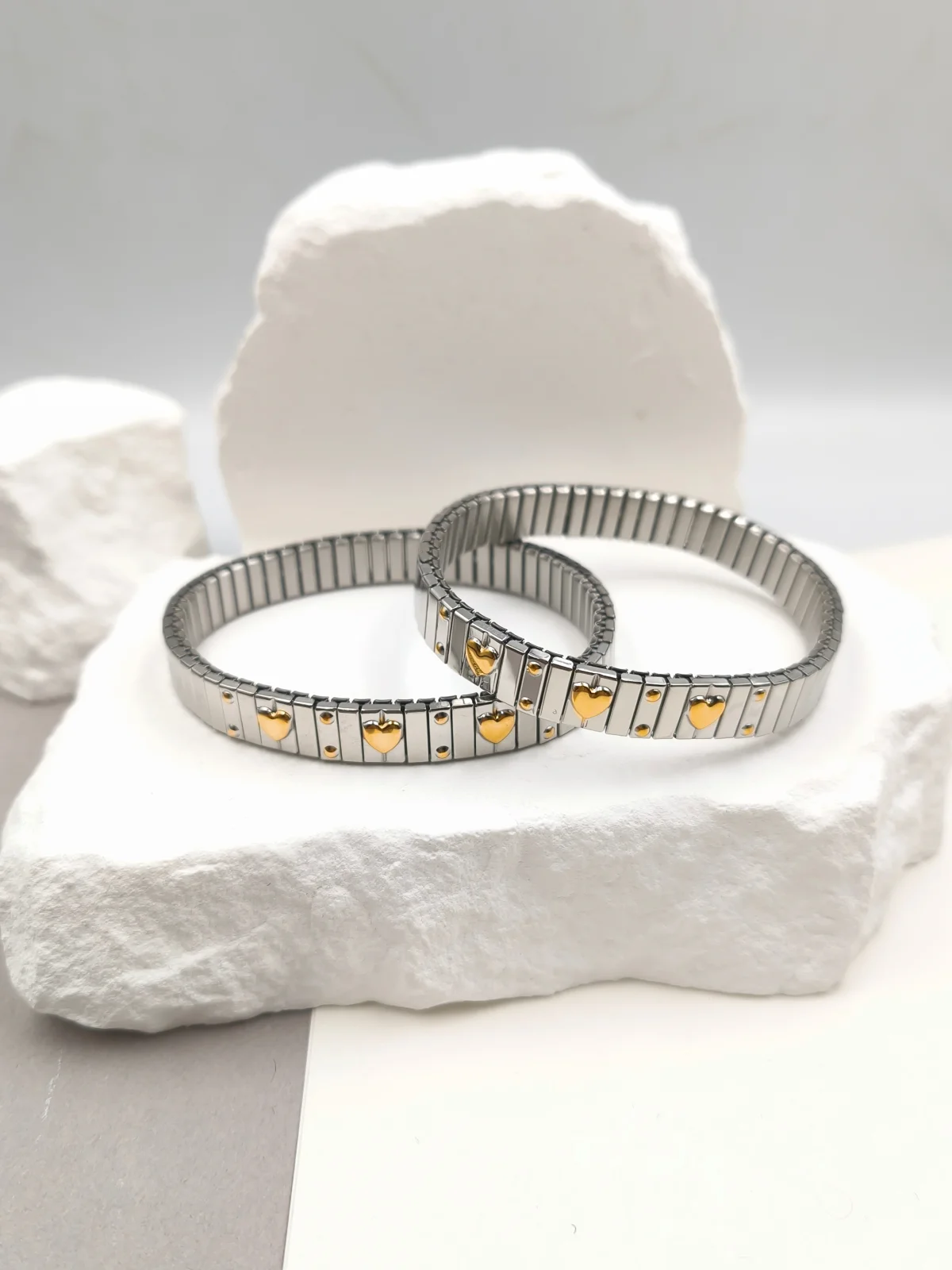 Stainless Steel Stretch Two-Tone Bracelet with Hearts by Magis Handmade Jewels – view 2
