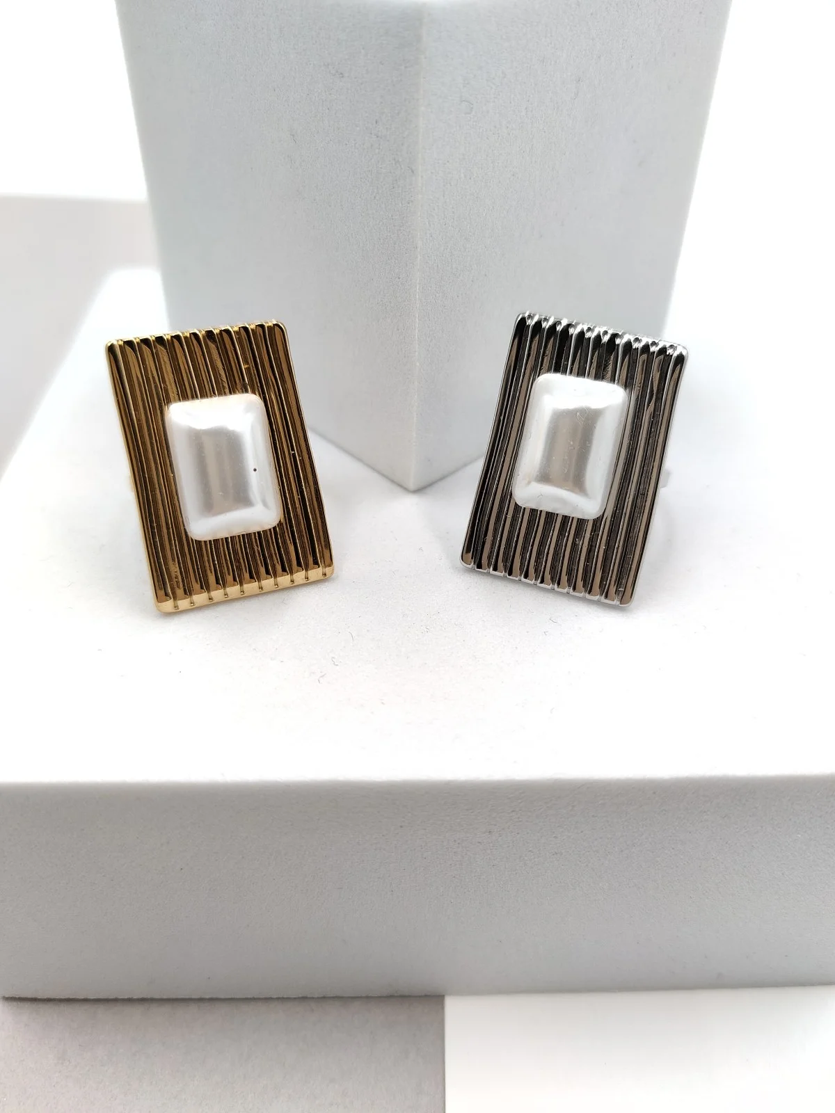 Stainless Steel Embossed Ring with Pearl by Magis Handmade Jewels – view 2