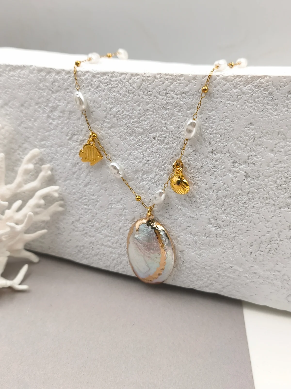 Stainless Steel Necklace with Acrylic Pearls and Seashell by Magis Handmade Jewels – view 2