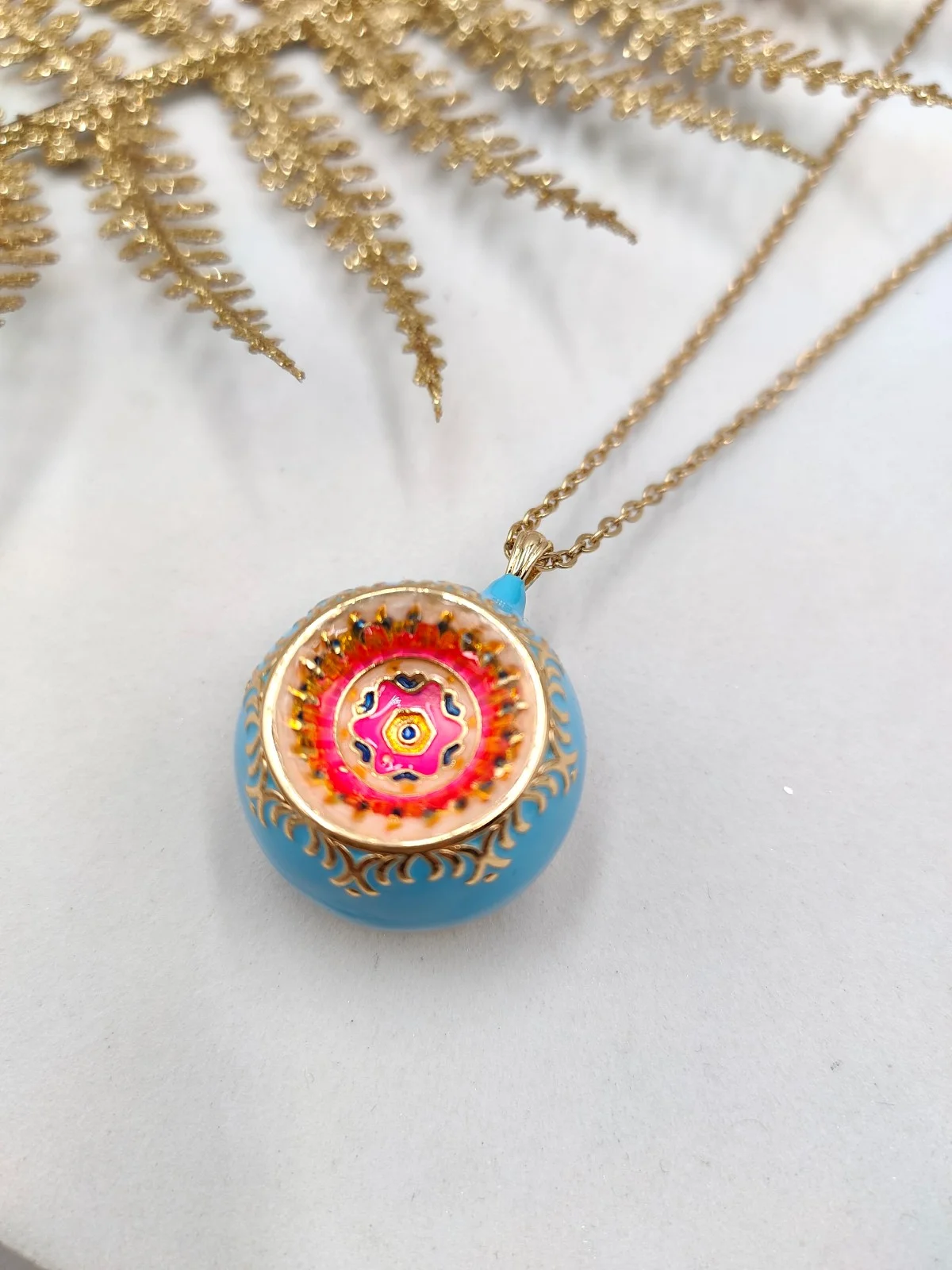 Stainless Steel Long Necklace with Ornate Enamel Pendant #1401372