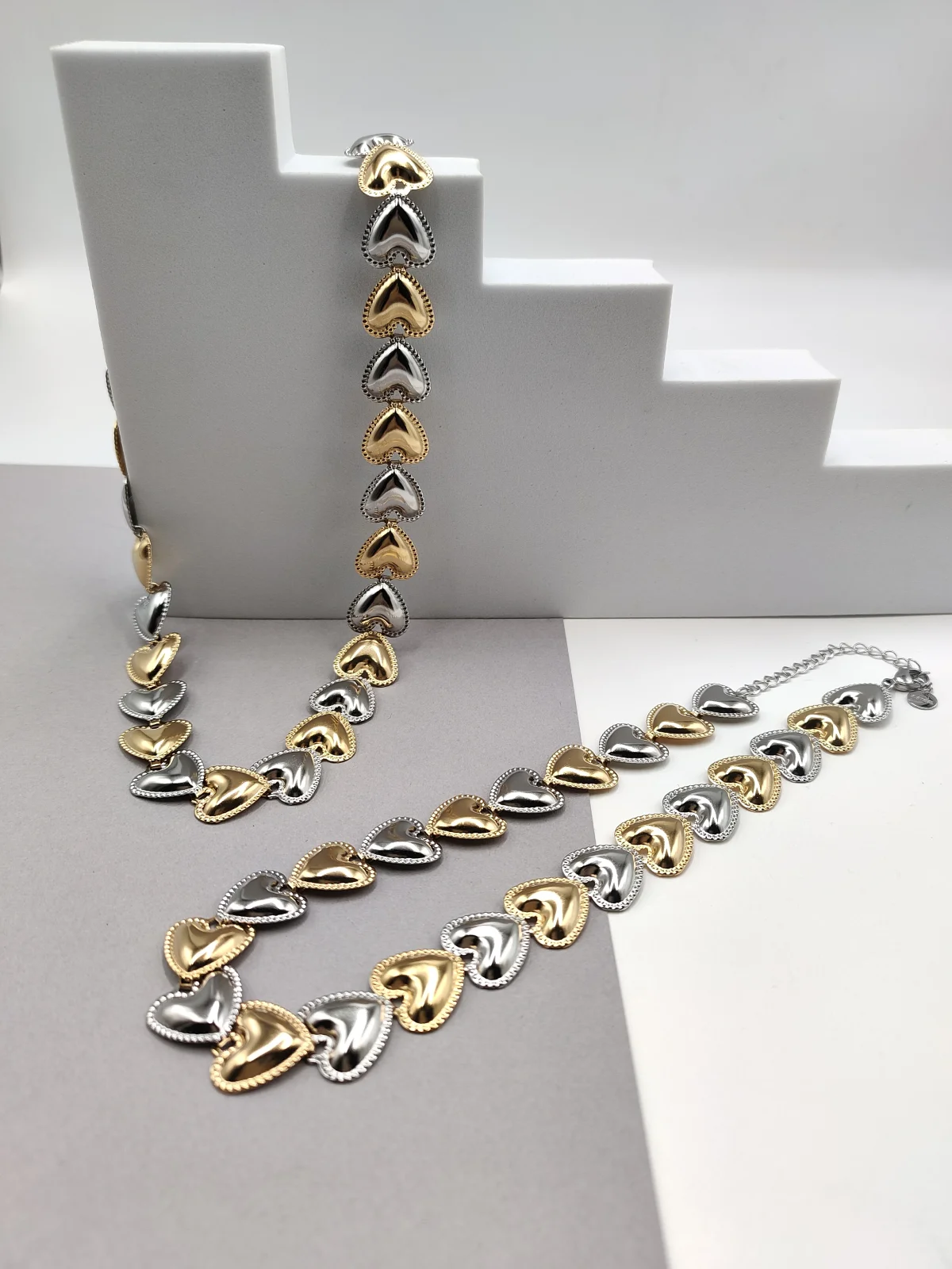 Stainless Steel Necklace with Two-Tone Hearts by Magis Handmade Jewels – view 2