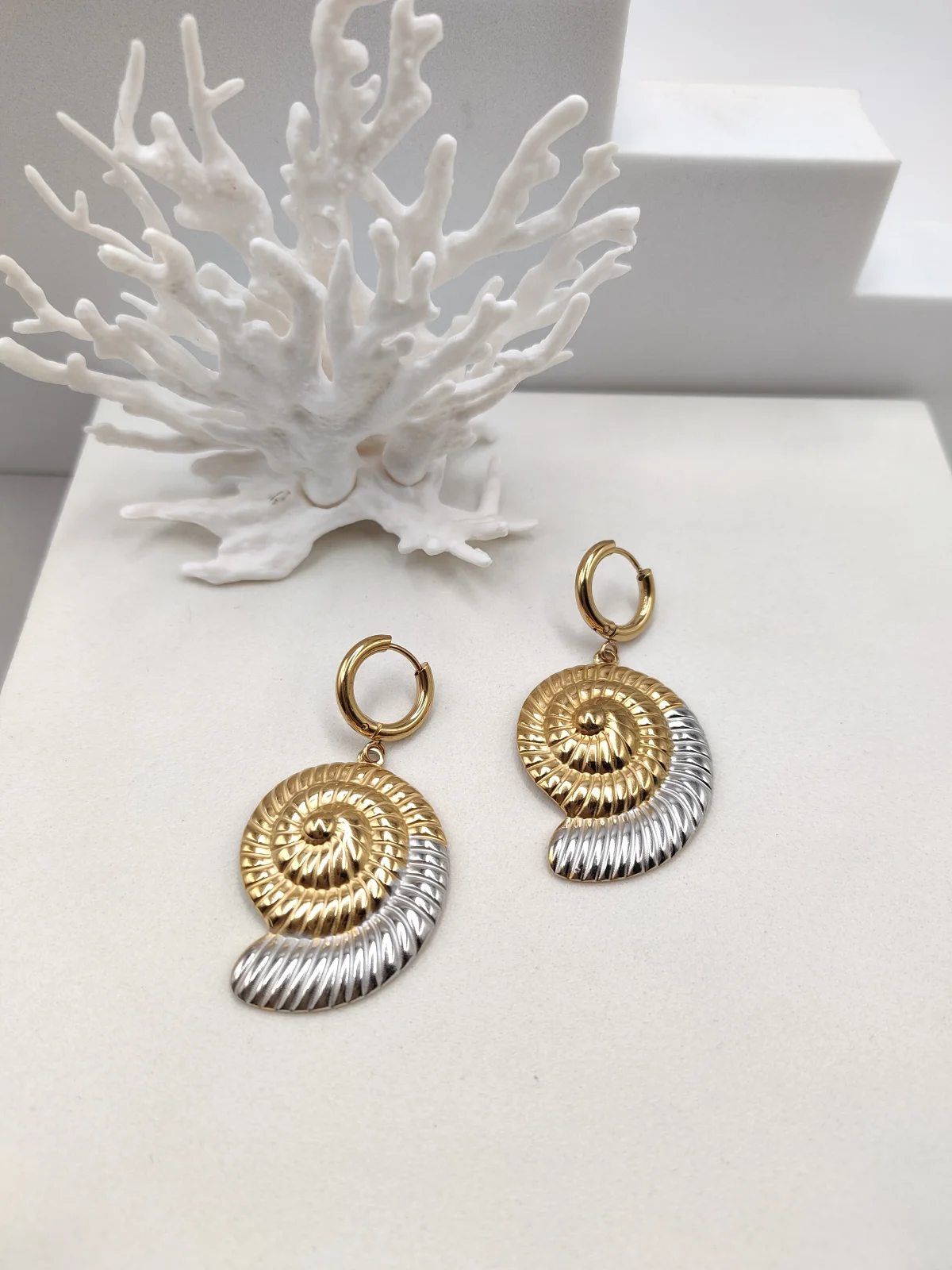 Stainless Steel Two-Tone Earrings with Seashells by Magis Handmade Jewels – view 2