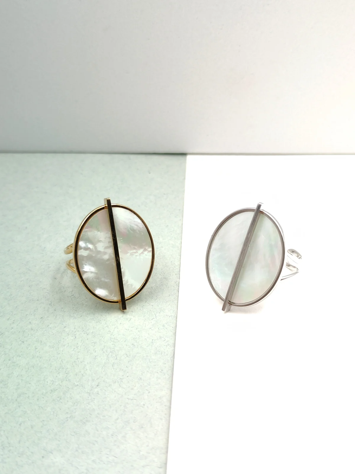 Stainless Steel Oval Ring with Mother-of-Pearl by Magis Handmade Jewels – view 2