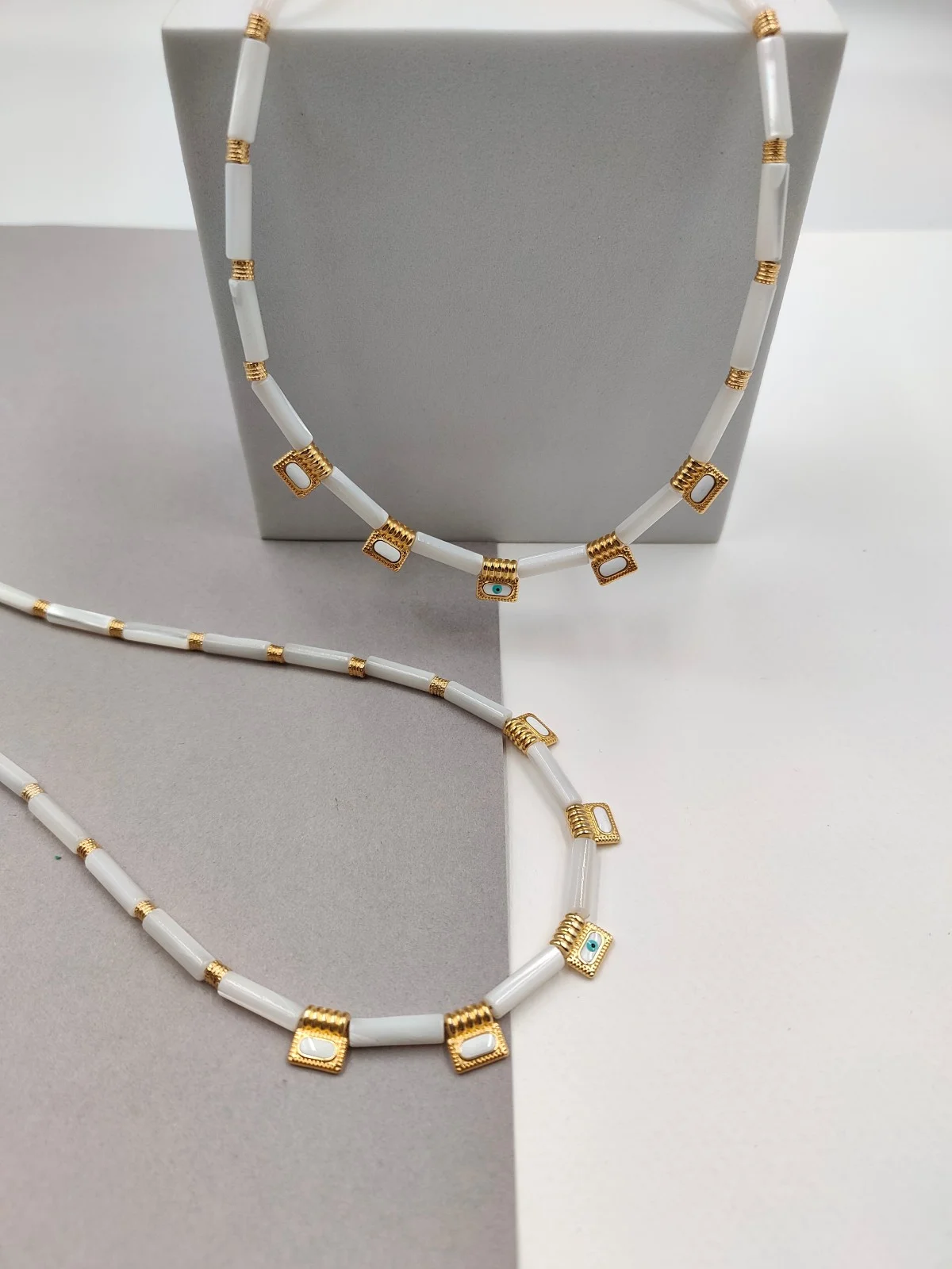 Necklace with Mother-of-Pearl and Gold-Plated Enamel Details by Magis Handmade Jewels – view 2