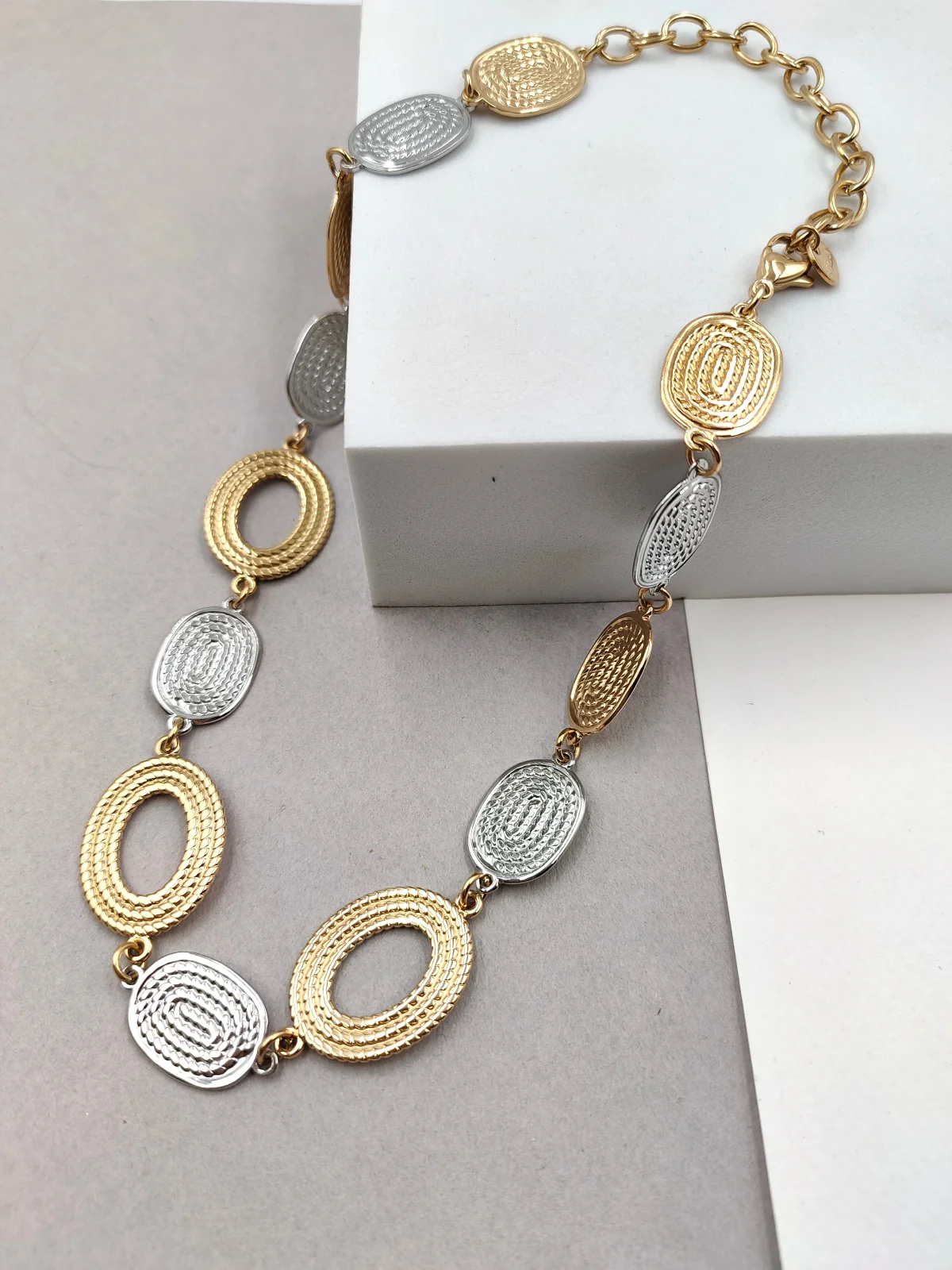 Stainless Steel Two-Tone Necklace with Embossed Motif by Magis Handmade Jewels – view 2
