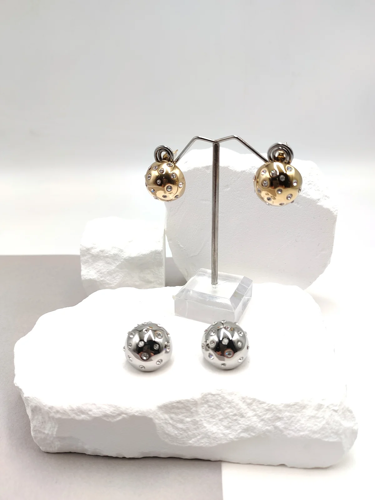 Stainless Steel Domed Earrings with Crystals #703110