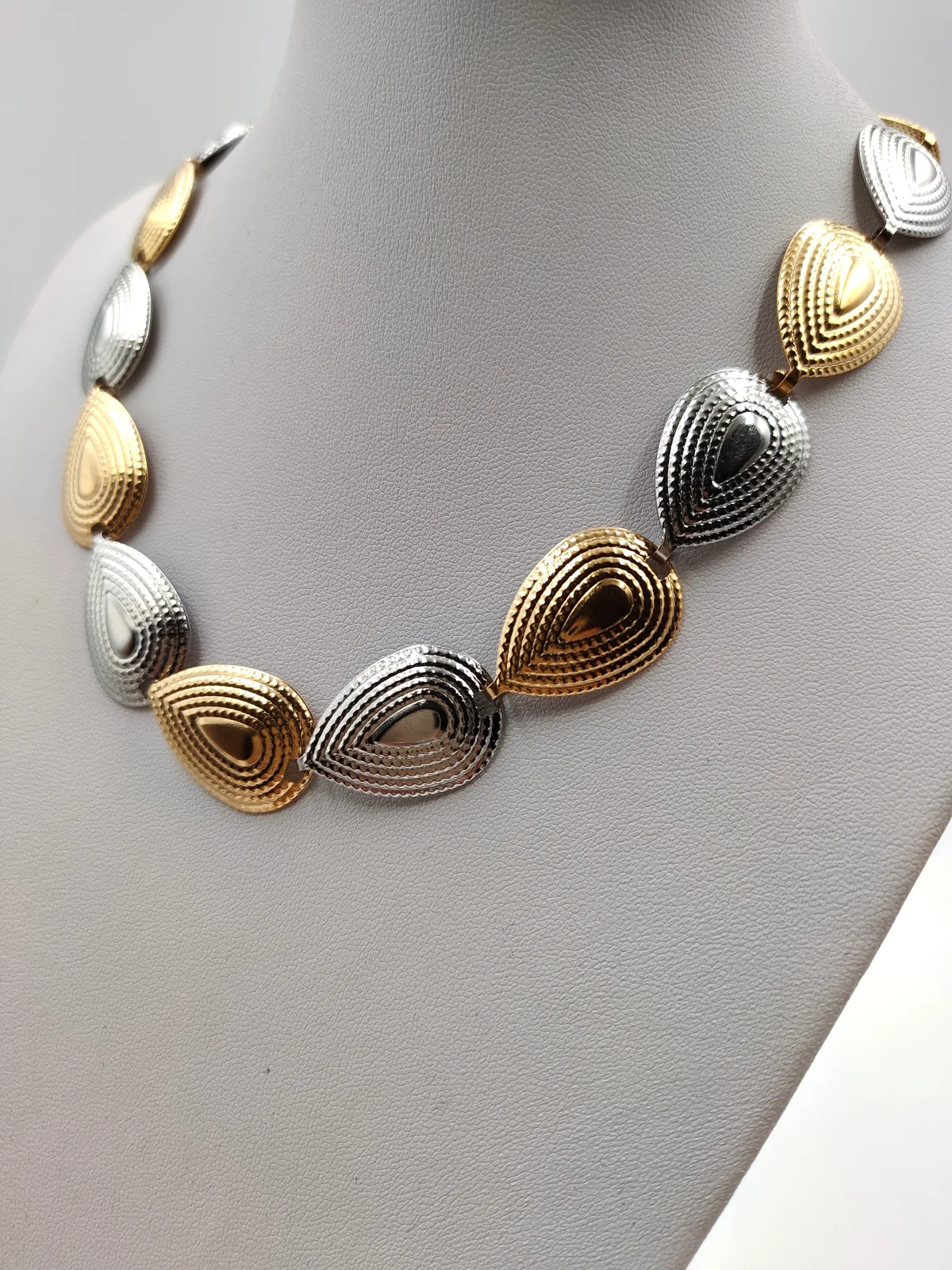 Stainless Steel Two-Tone Necklace with Embossed Drops #852212