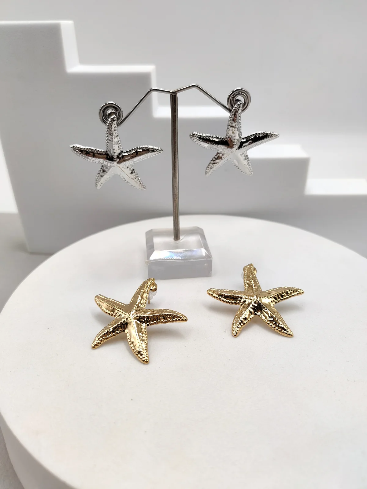 Stainless Steel Earrings with Embossed Starfish by Magis Handmade Jewels – view 3