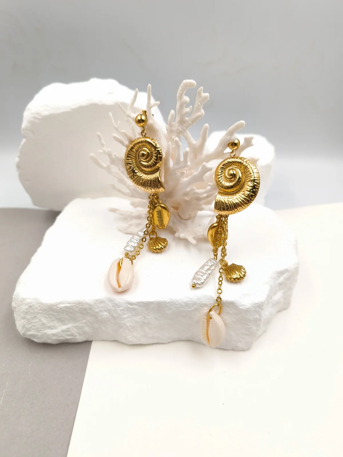 Stainless Steel Earrings with Embossed Seashells by Magis Handmade Jewels – view 2
