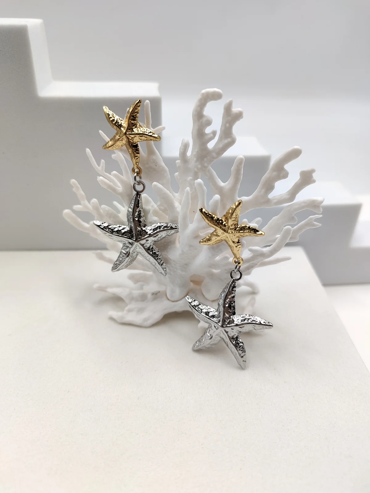 Stainless Steel Two-Tone Earrings with Starfish by Magis Handmade Jewels – view 2