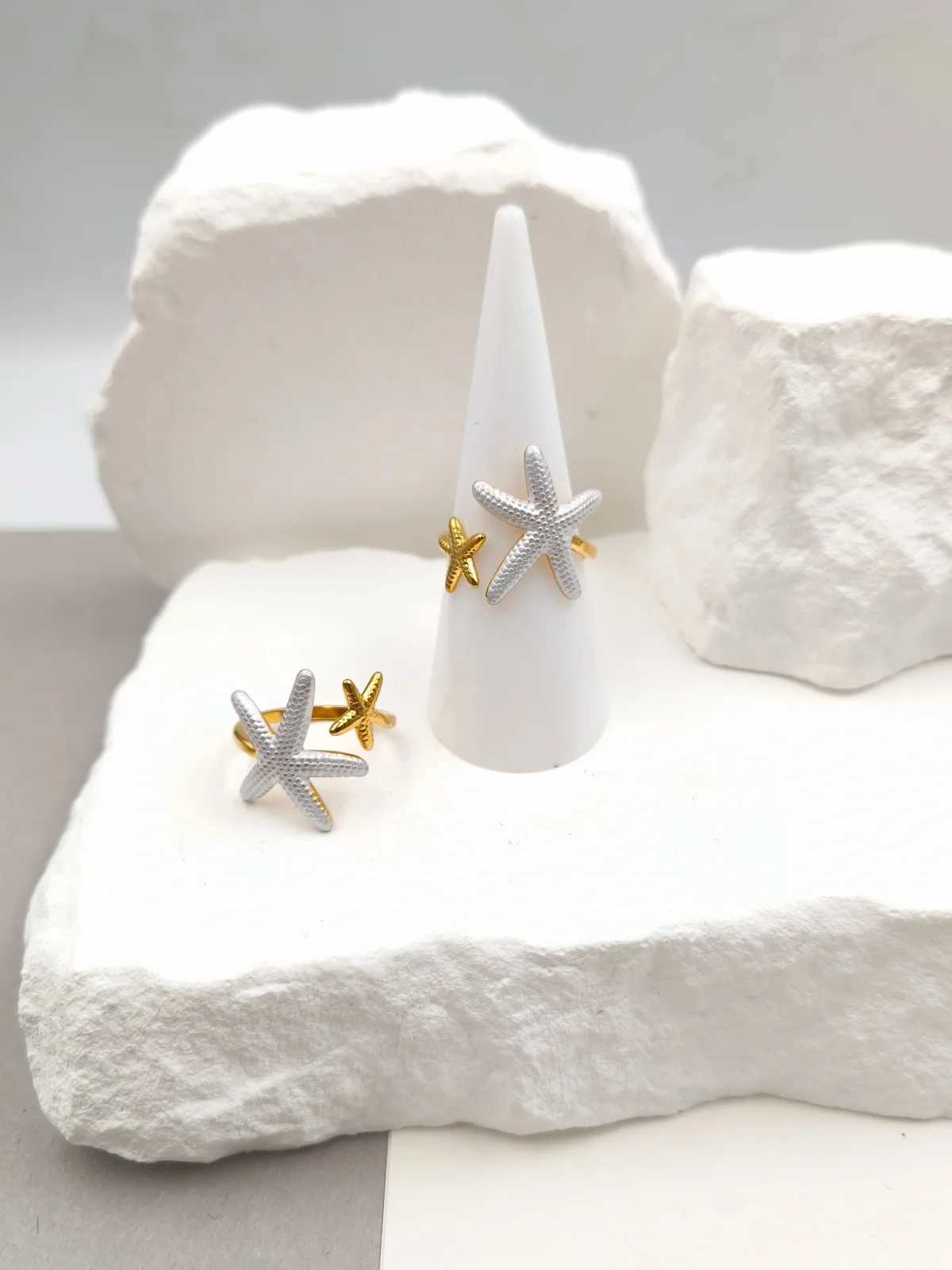 Stainless Steel Ring with Embossed Starfish and Enamel #503204