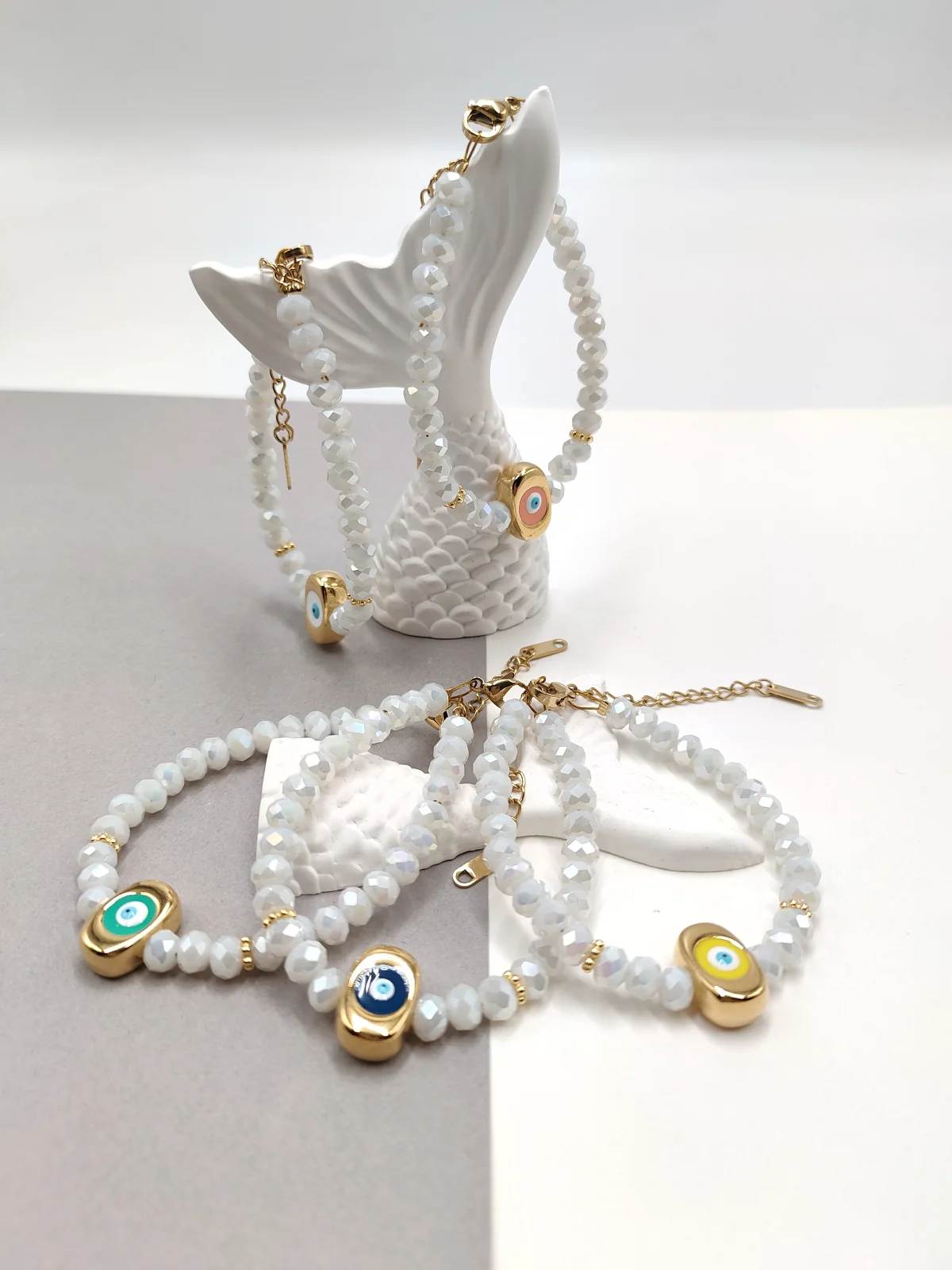 Bracelet with Faceted Crystal Beads and Gold-Plated Evil Eye by Magis Handmade Jewels – view 2