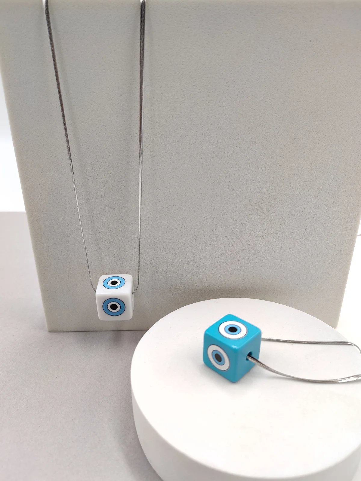 Stainless Steel Long Necklace with Acrylic Cube and Evil Eye #452762