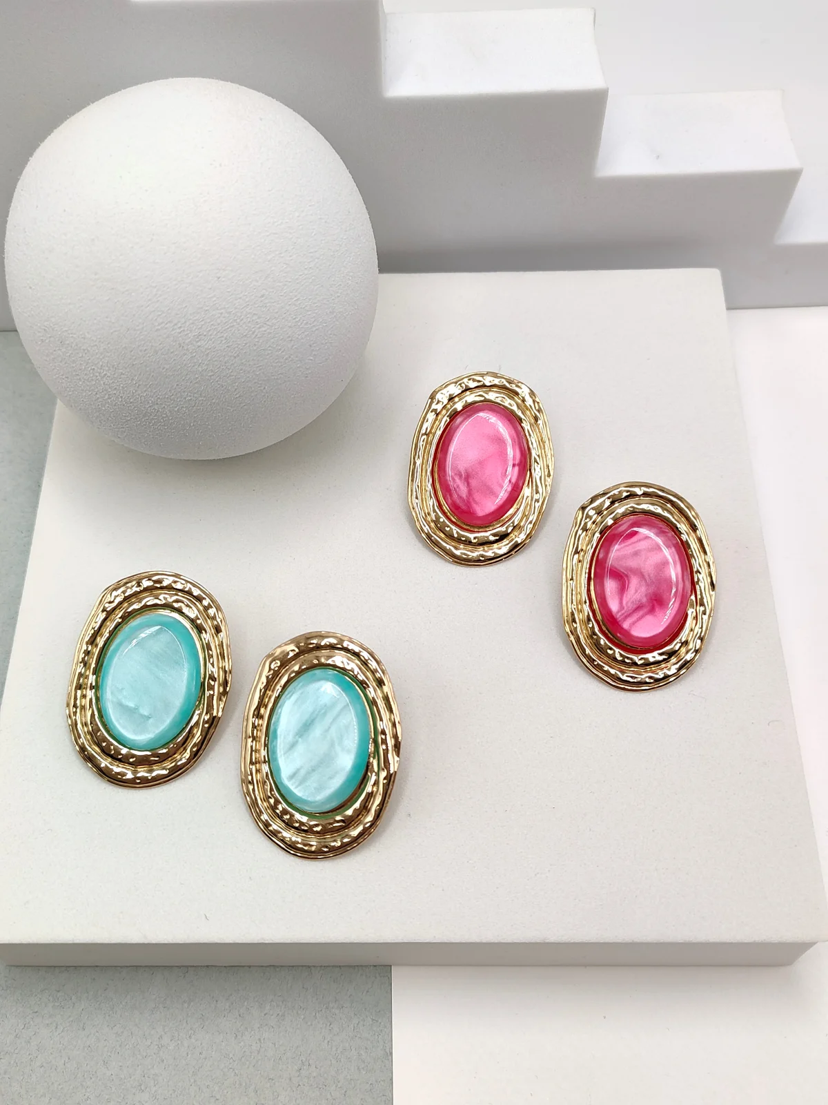Stainless Steel Embossed Oval Earrings with Resin by Magis Handmade Jewels – view 2